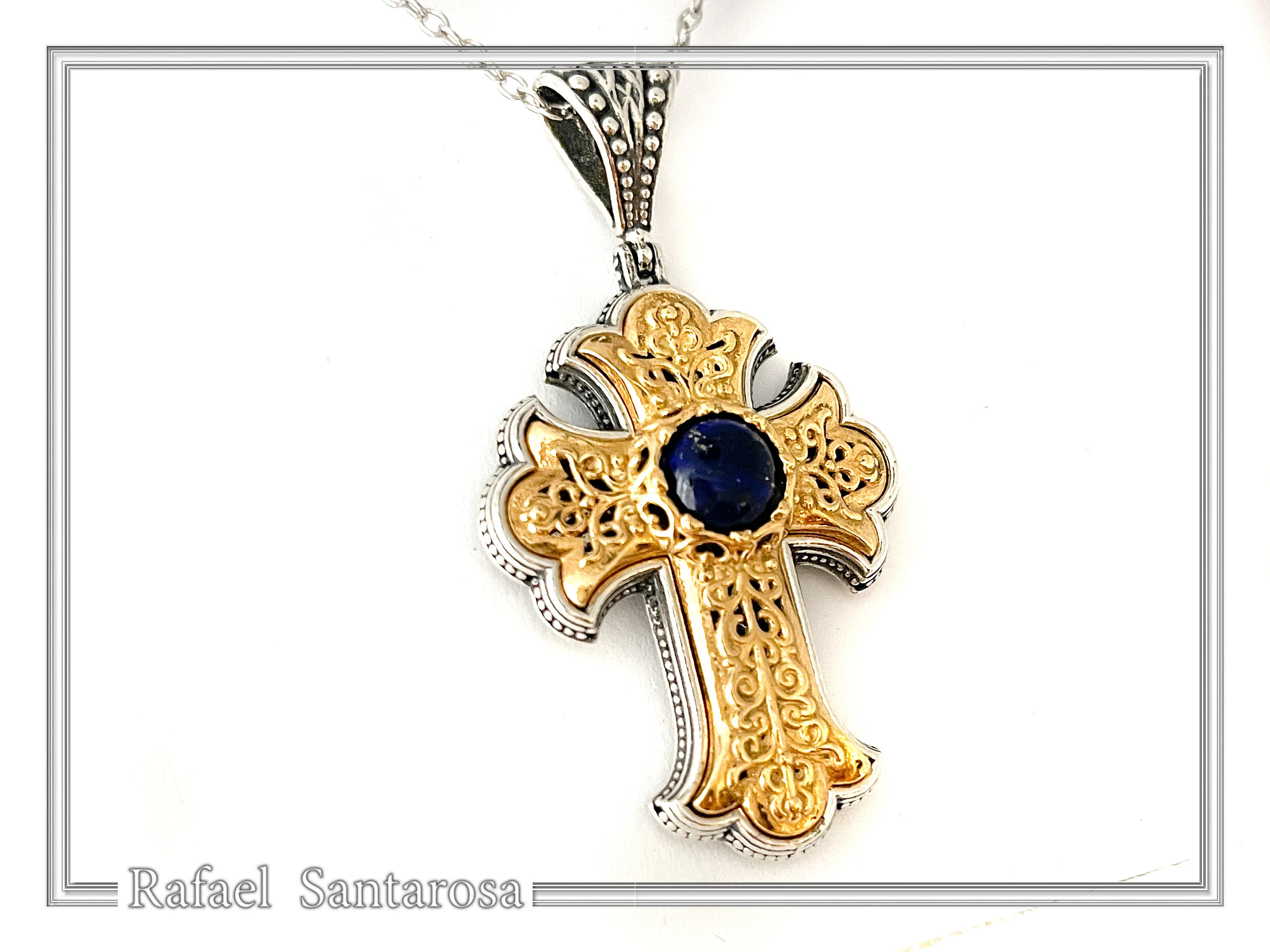 Natural Lapis Lazuli Imperial Byzantine Big Size Cross Necklace: Oxidized & 18K Gold Filled Silver — additional product image 3 from Rafael Santarosa Fine Jewelry