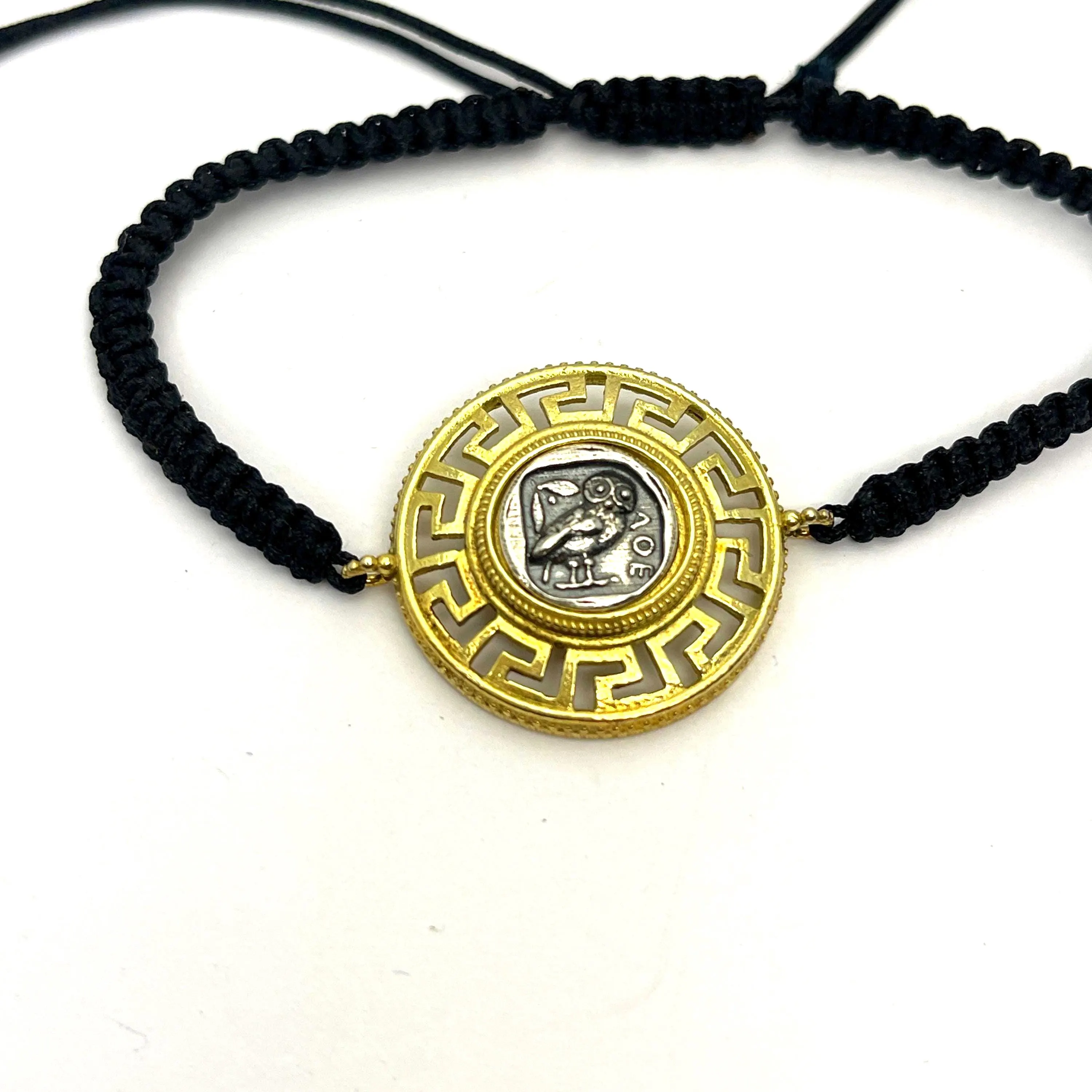 Owl Coin Tetradrachm with Greek Key Macrame Bracelet, 18K Gold Filled & Oxidized Sterling Silver — additional product image 6 from Rafael Santarosa Fine Jewelry