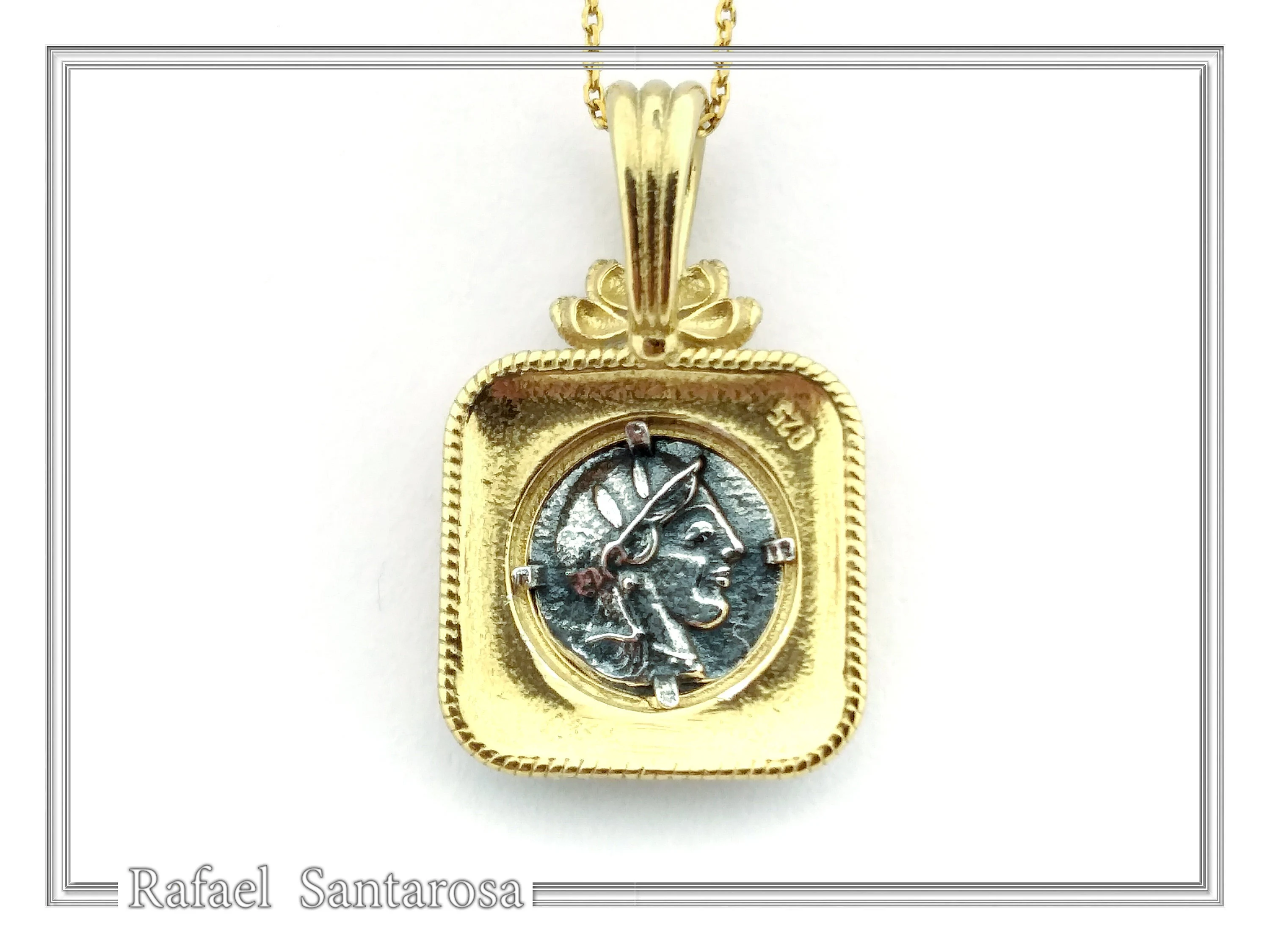 Athena Owl Tetradrachm Coin Ancient Greek Style Necklace: Oxidized Sterling Silver & 18K Gold filled — additional product image 7 from Rafael Santarosa Fine Jewelry