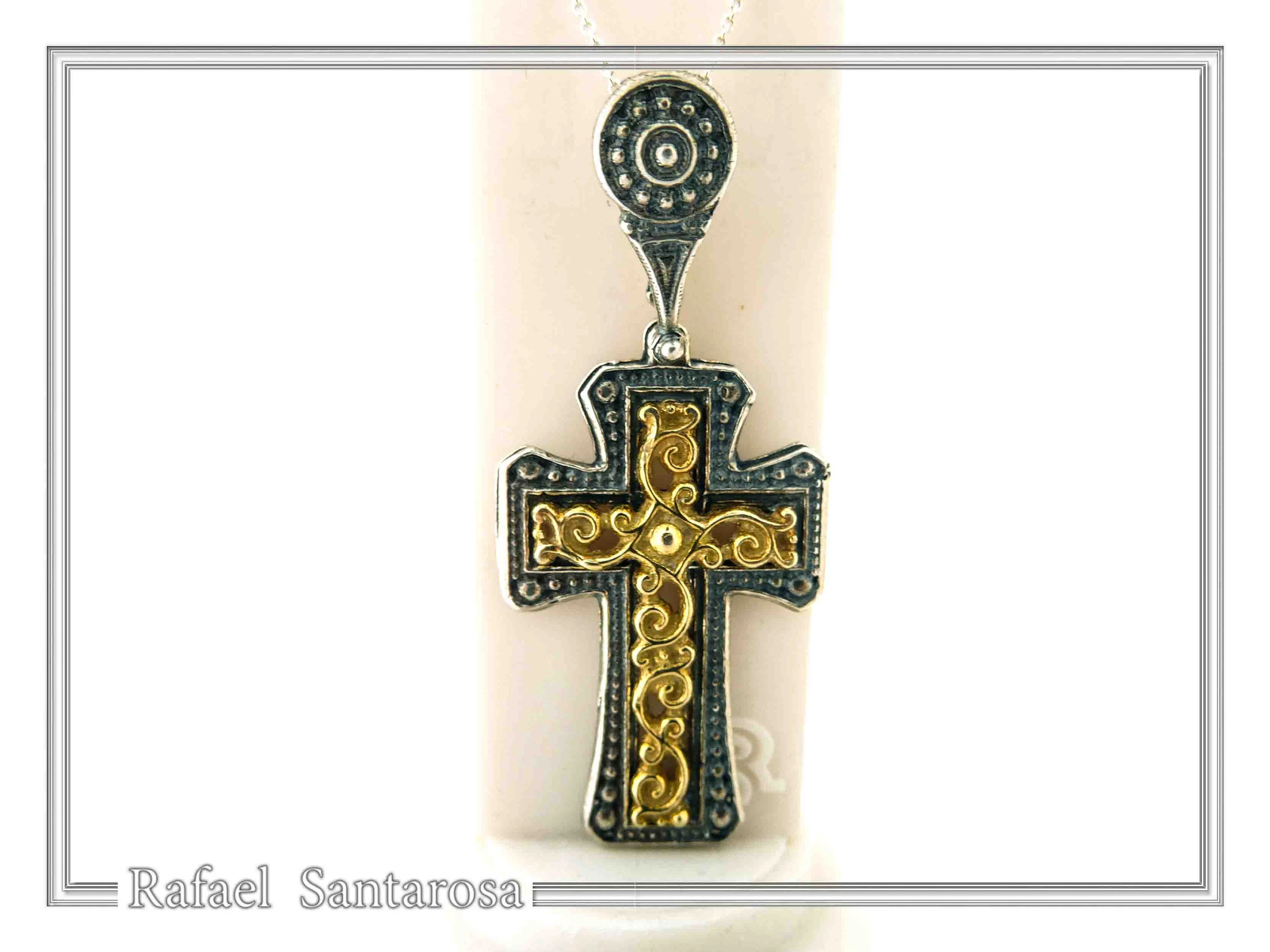 Byzantine Cross Necklace: 18k Gold Filled Filigree Silver Decoration on Oxidized Sterling Silver base — additional product image 6 from Rafael Santarosa Fine Jewelry