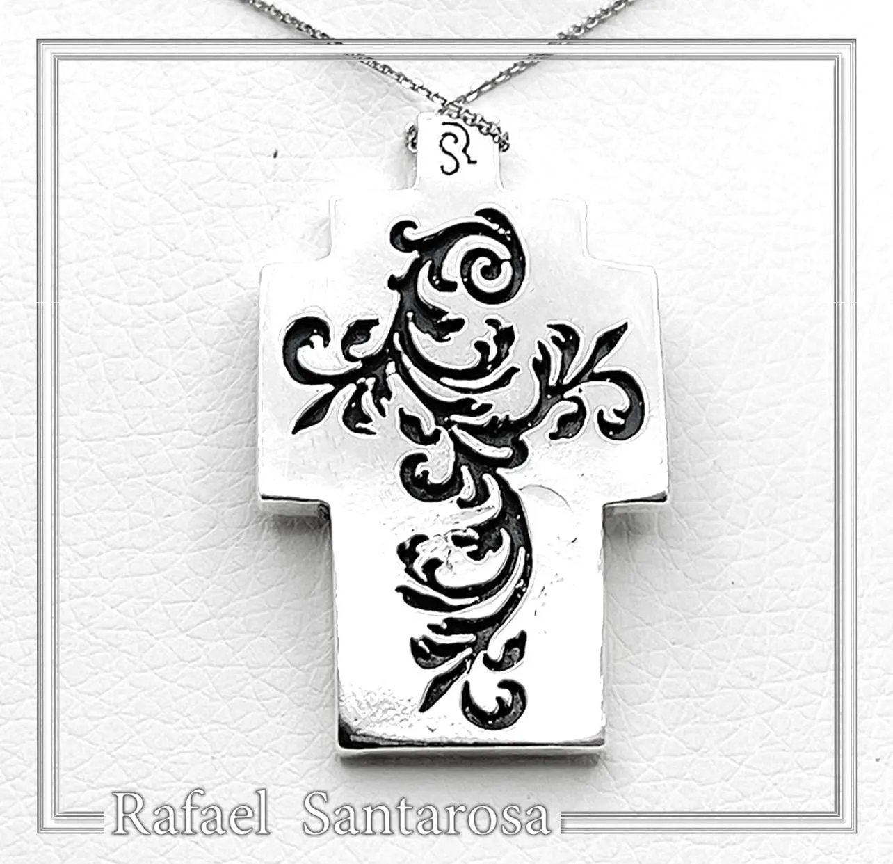 Boho Cross Necklace: Brutalist Floral Oxidized Sterling Silver Pendant — additional product image 8 from Rafael Santarosa Fine Jewelry