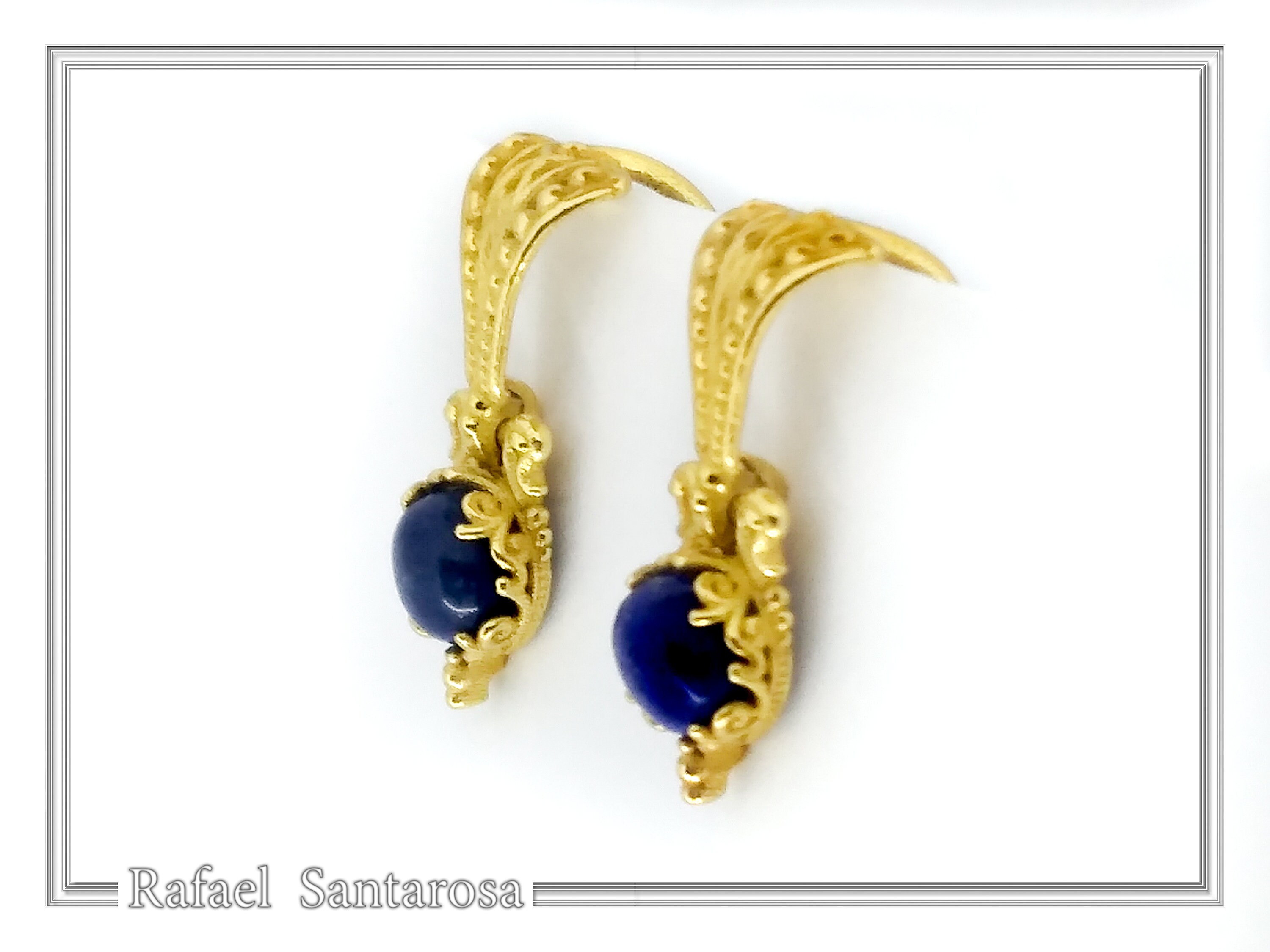 Byzantine Filigree Genuine Lapis Lazuli Delicate Earrings: Sterling Silver 18K Gold-Filled — additional product image 5 from Rafael Santarosa Fine Jewelry