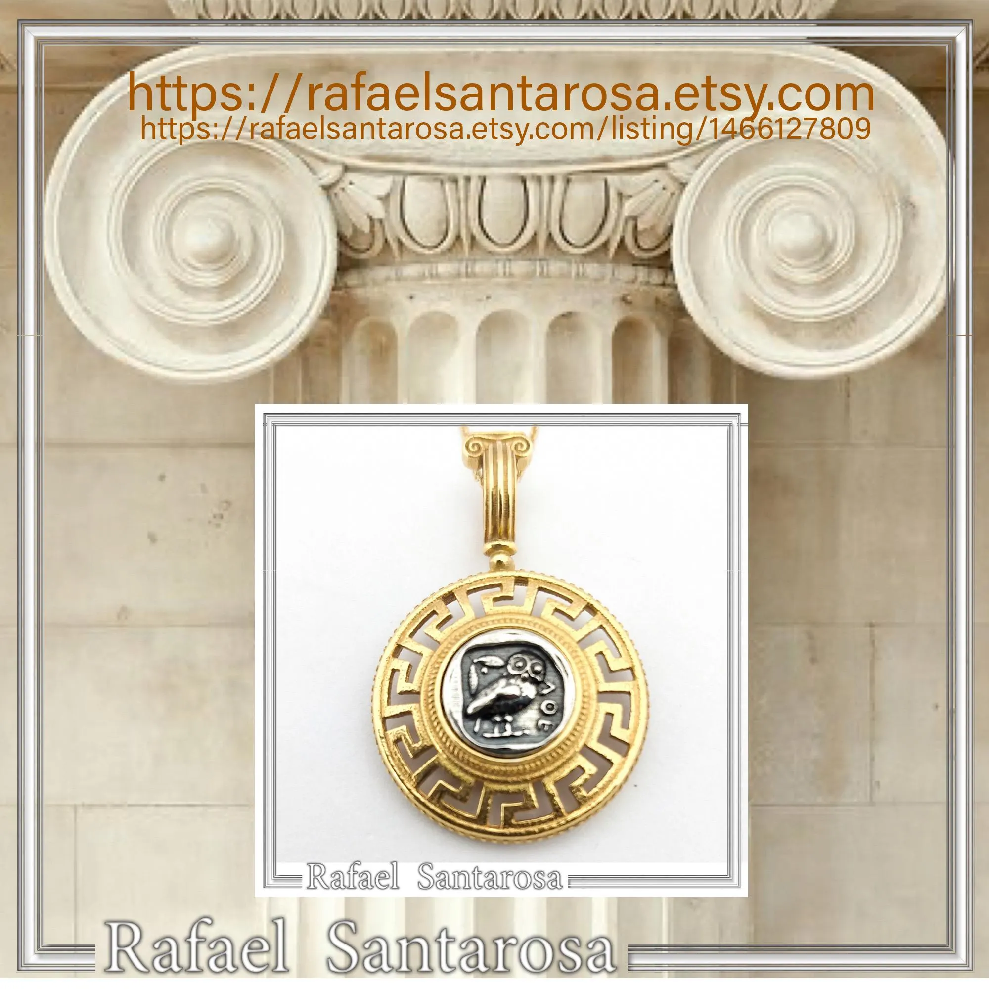 Athenian Owl Coin Pendant: 18k Gold-Filled Sterling Silver Greek Key Necklace — additional product image 10 from Rafael Santarosa Fine Jewelry