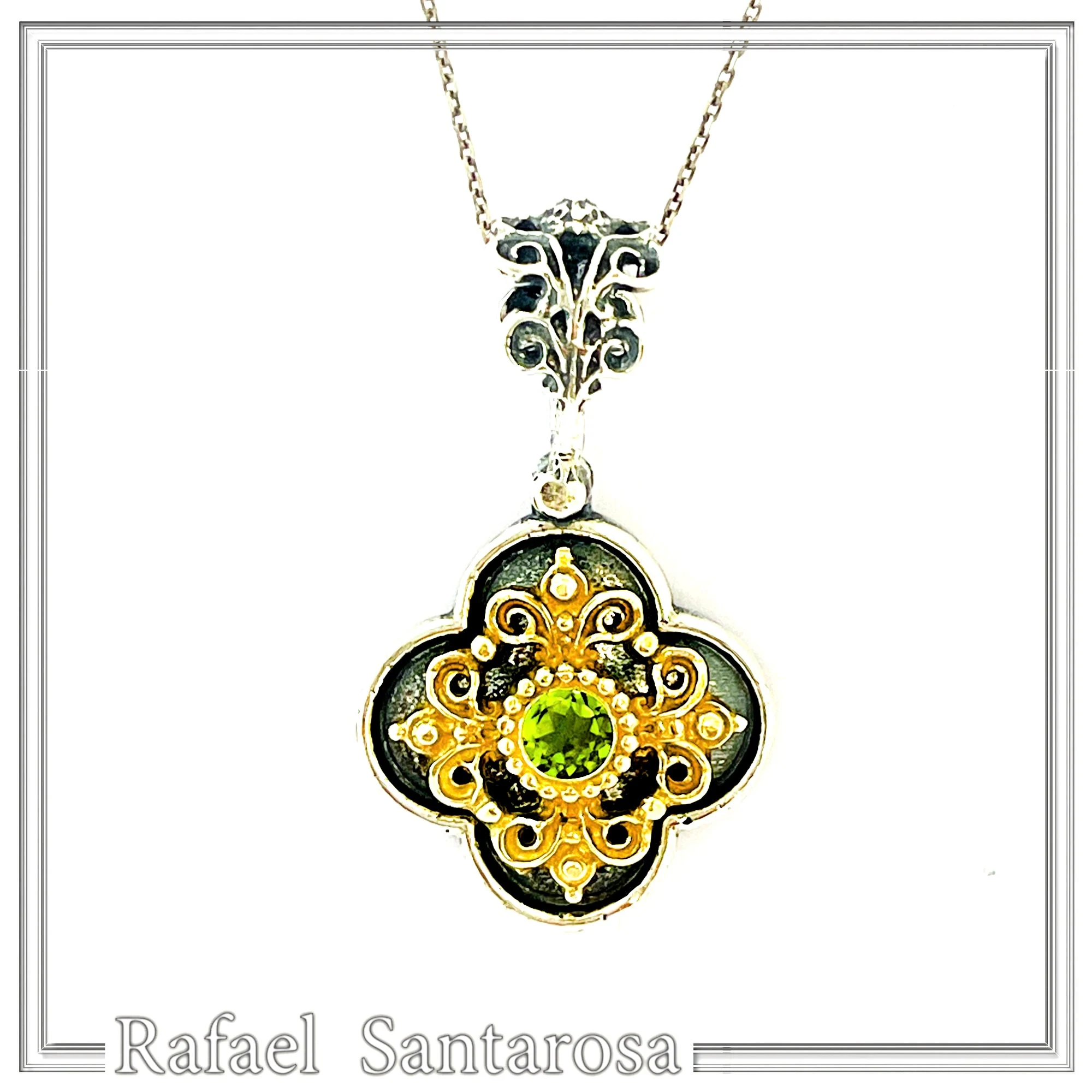 Byzantine Filigree Natural Green Peridot Necklace: Handmade Sterling Silver Oxidized and 18K Gold Filled — additional product image 4 from Rafael Santarosa Fine Jewelry