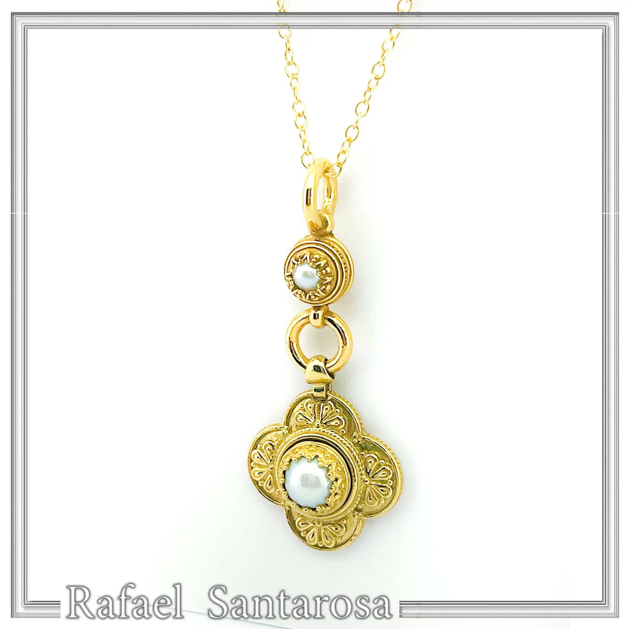 Natural Pearl Byzantine Cross Shape Dangle Pendant: 18K Gold-Filled Silver Filigree Greek Necklace — additional product image 6 from Rafael Santarosa Fine Jewelry