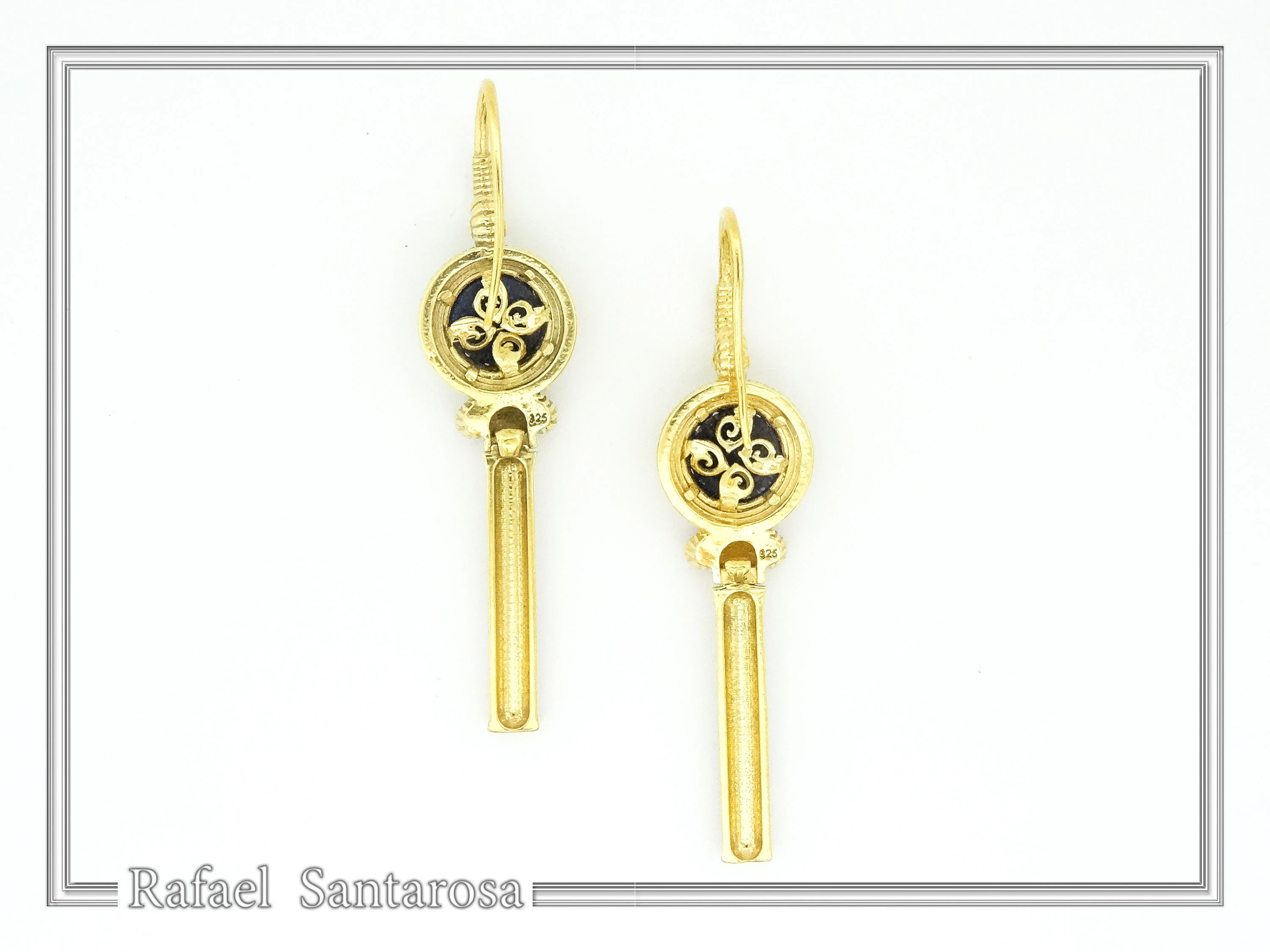 Natural Lapis Lazuli Greek Column Museum Earrings: Sterling Silver 18K Gold Filled Filigree Bezel — additional product image 6 from Rafael Santarosa Fine Jewelry