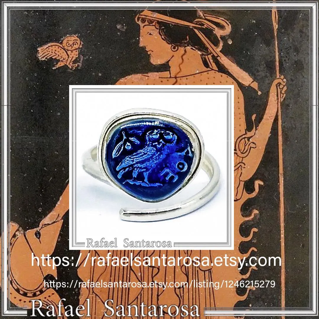 Athena Owl Coin Tetradrachm Ring Museum Replica: Transparent Blue Enamel on Sterling Silver Coin — additional product image 10 from Rafael Santarosa Fine Jewelry