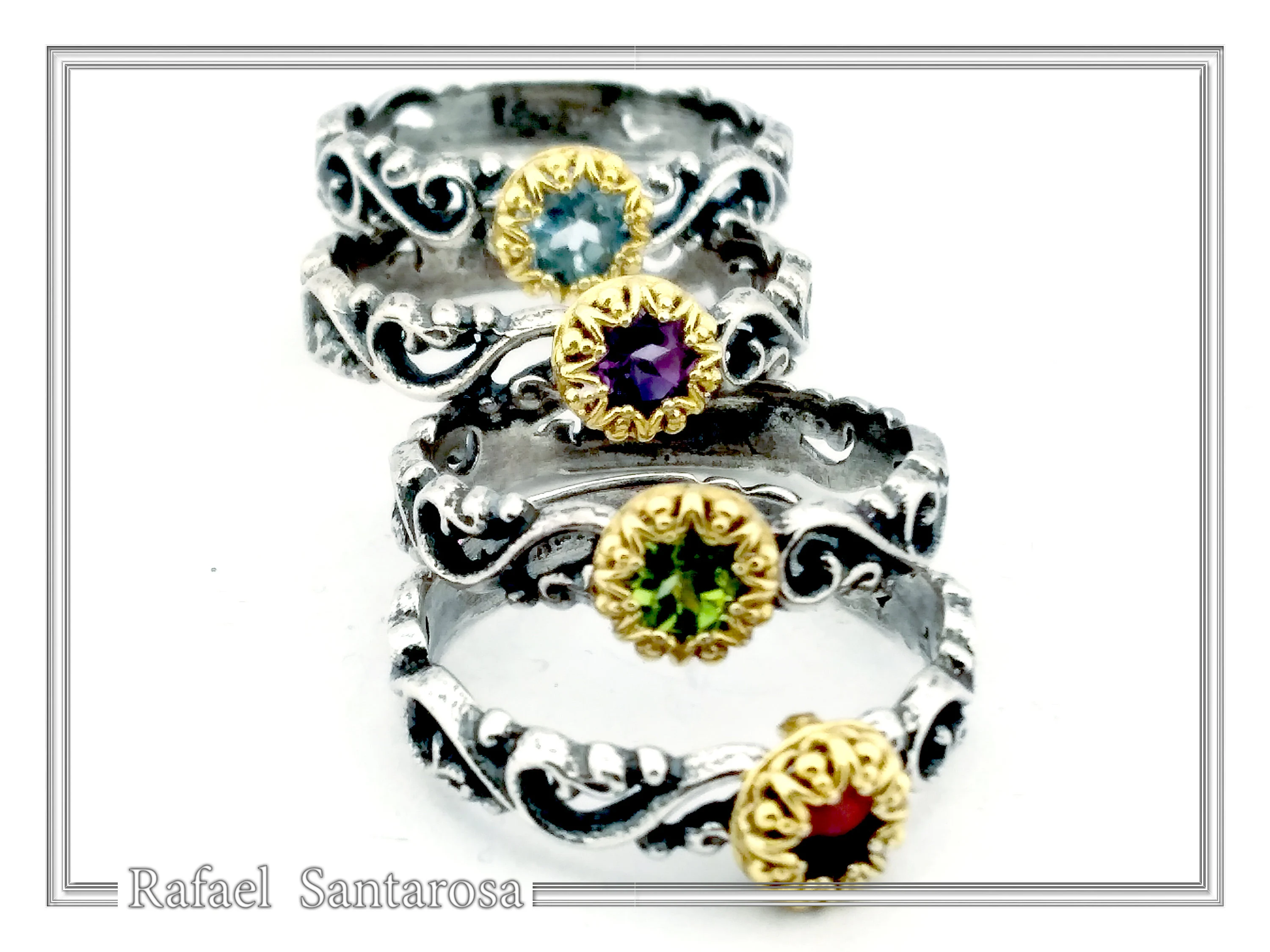 Genuine Gemstones Stacking Ring: Oxidized Sterling Silver & Gold-Filled Bezel — additional product image 5 from Rafael Santarosa Fine Jewelry