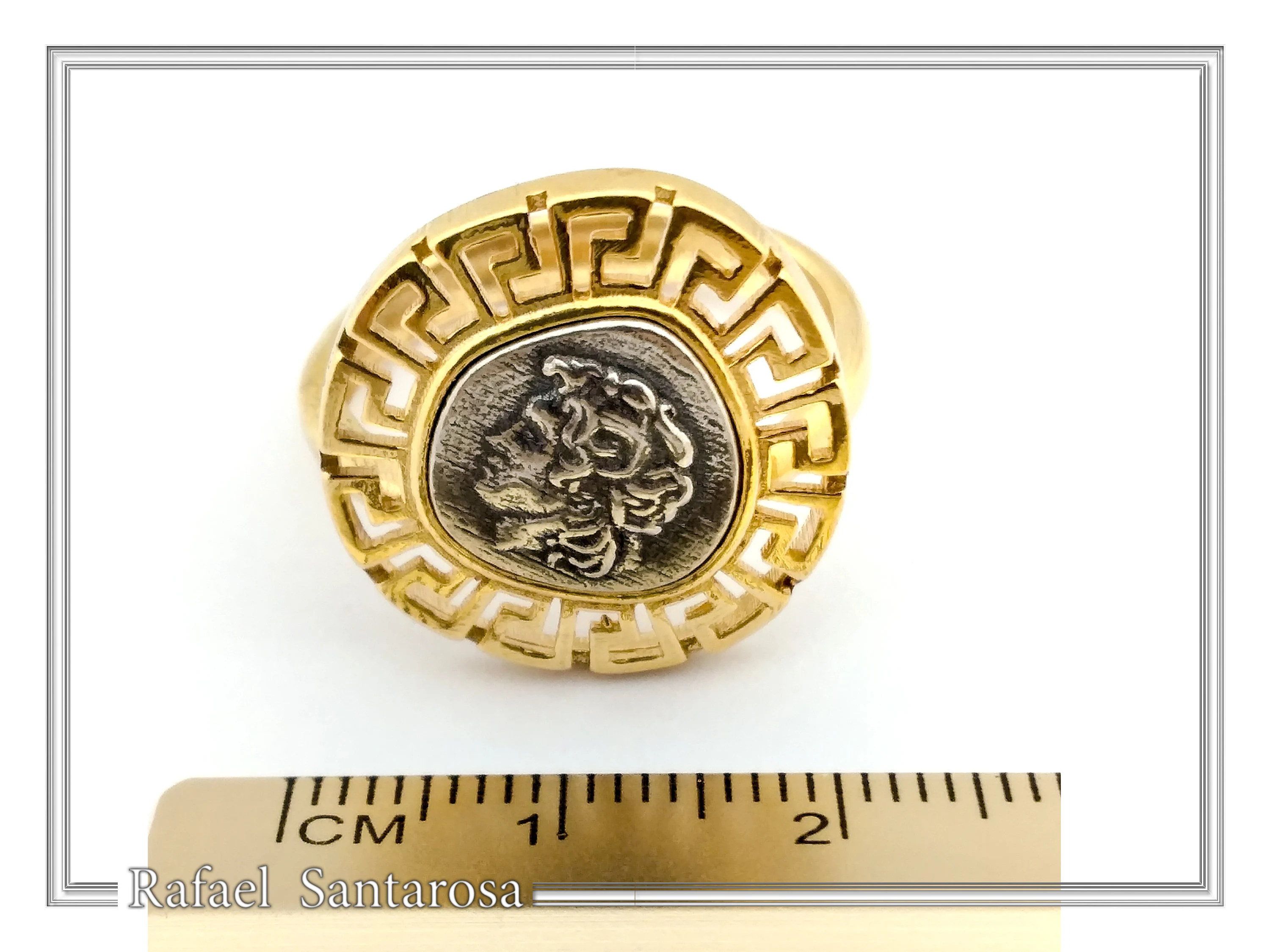 Alexander the Greek coin adjustable ring oxidized, and 18K gold filled sterling silver Greek Key — additional product image 7 from Rafael Santarosa Fine Jewelry