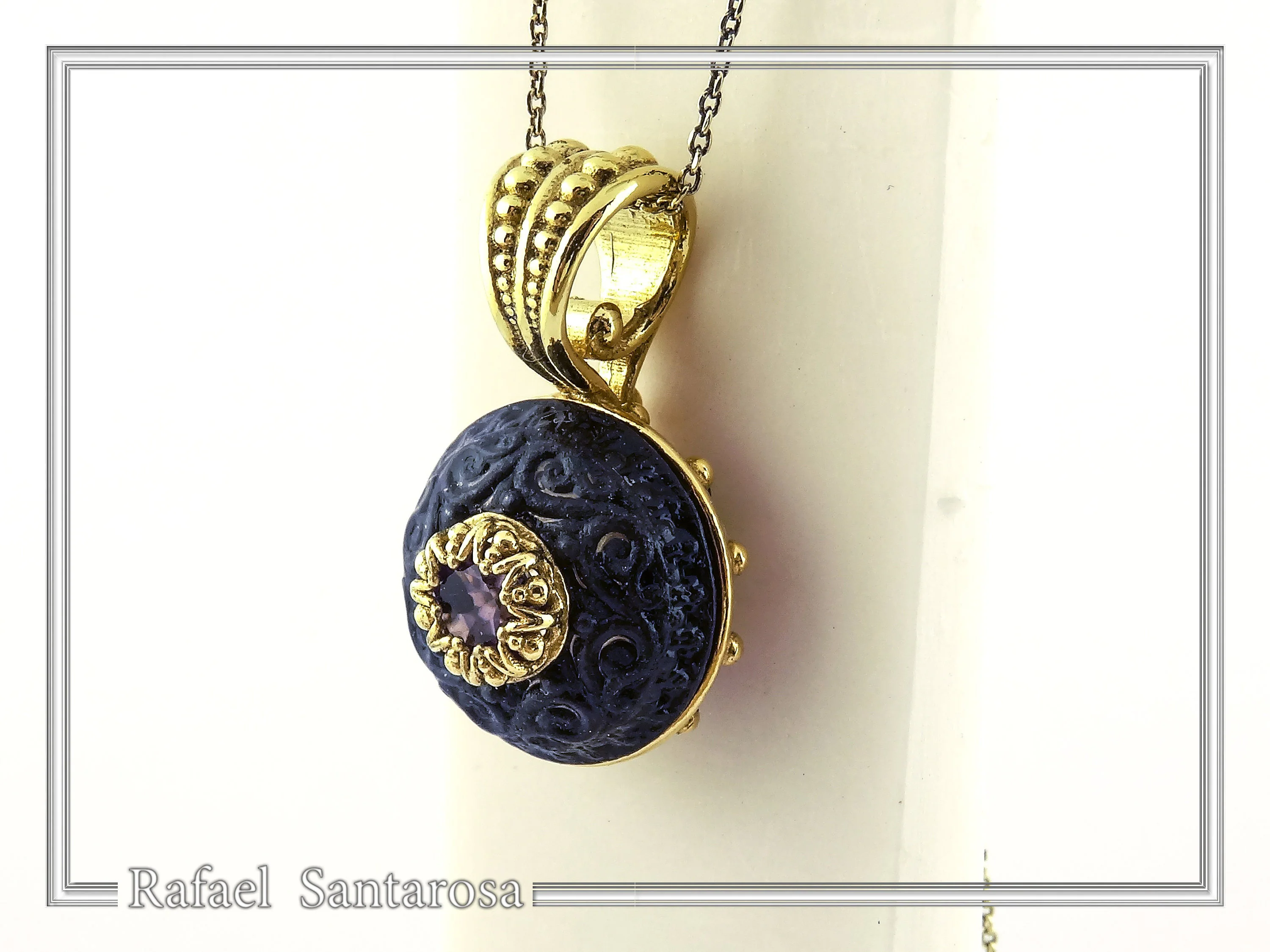 Art Deco Natural Amethyst Pendant: Oxidized and 18K Gold Filled Sterling Silver — additional product image 4 from Rafael Santarosa Fine Jewelry