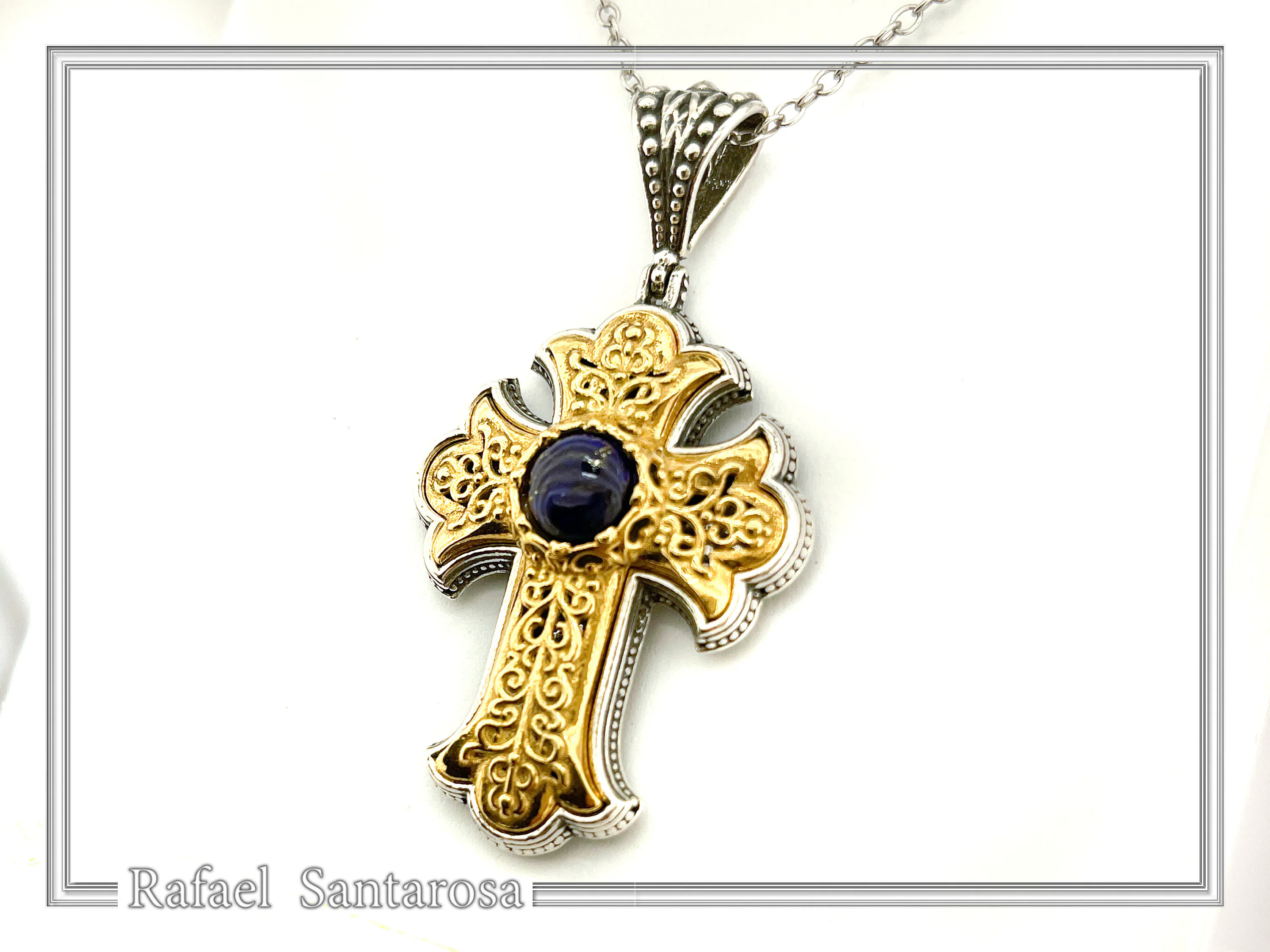 Natural Lapis Lazuli Imperial Byzantine Big Size Cross Necklace: Oxidized & 18K Gold Filled Silver — additional product image 2 from Rafael Santarosa Fine Jewelry