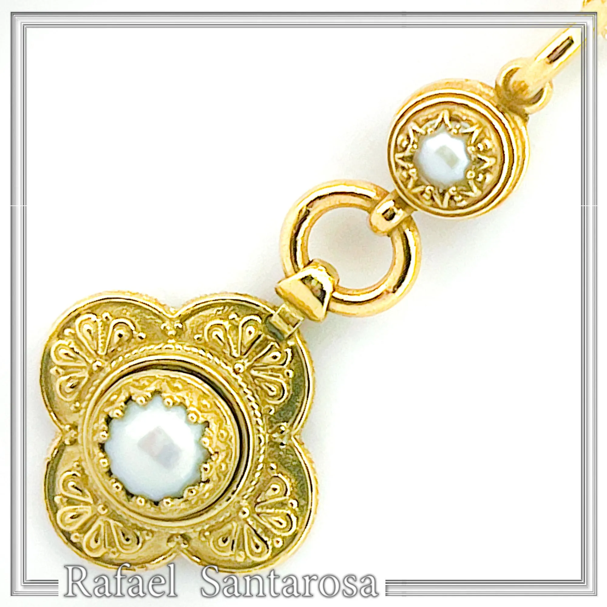 Natural Pearl Byzantine Cross Shape Dangle Pendant: 18K Gold-Filled Silver Filigree Greek Necklace — additional product image 2 from Rafael Santarosa Fine Jewelry