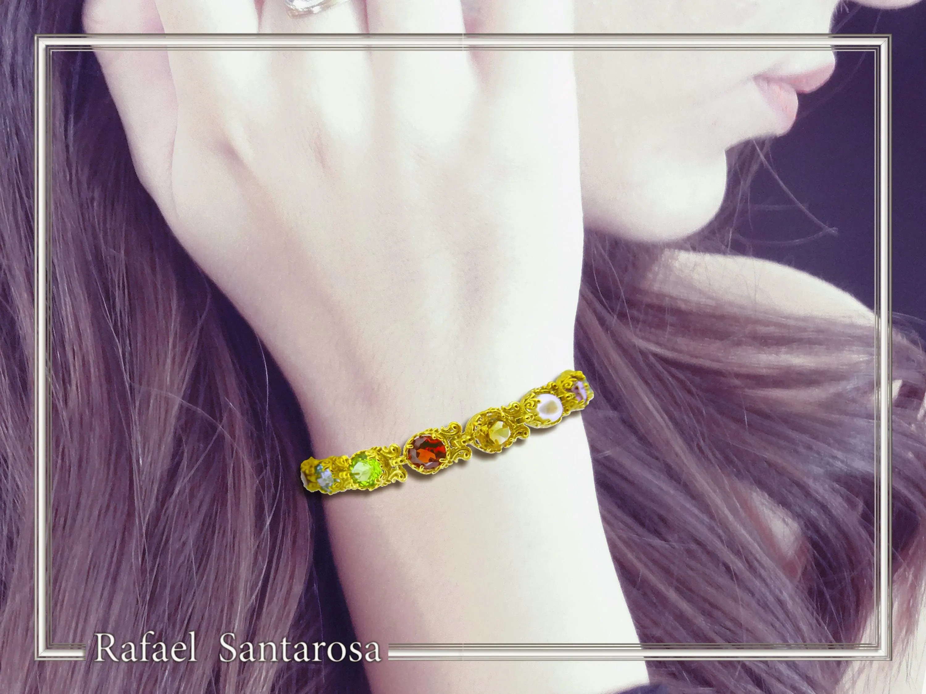 Multi Genuine Gemstone Beaded Bracelet: 18K Solid Gold Byzantine Filigree Tennis Bracelet — additional product image 5 from Rafael Santarosa Fine Jewelry
