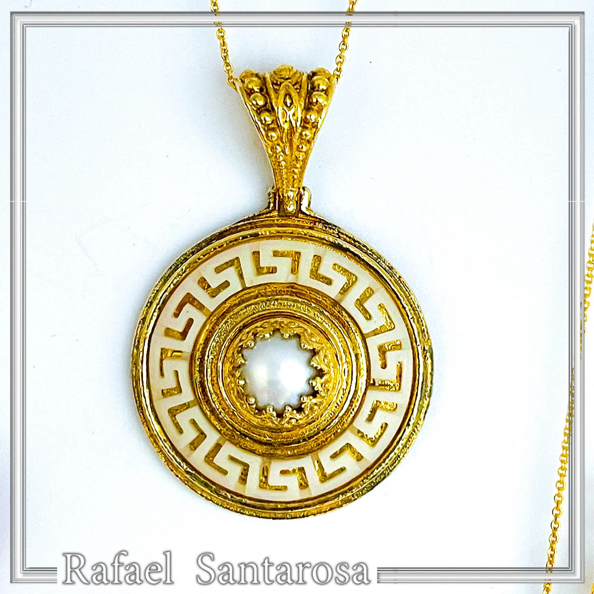 Greek Key Maiandros Sculptured on Marble Necklace: Sterling Silver 18K Gold Filled, Natural Pearl — additional product image 6 from Rafael Santarosa Fine Jewelry