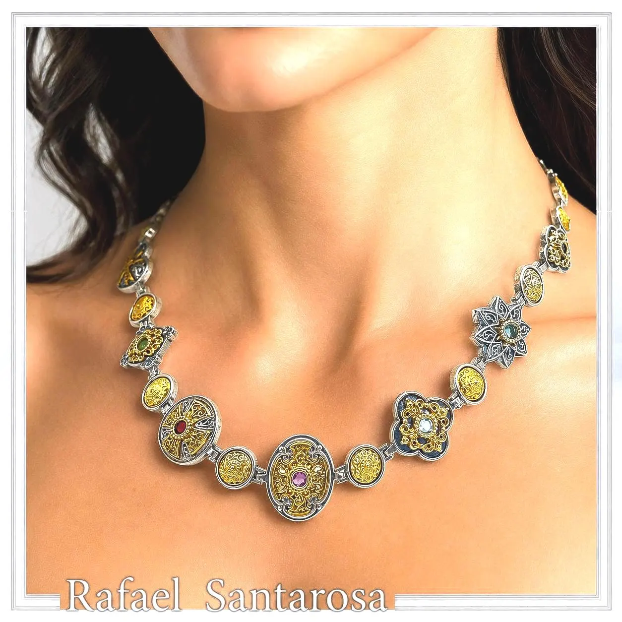 Handmade Byzantine Necklace Sterling Silver Oxidized 18K Gold Filled Topaz Amethyst Peridot Garnet Jewelry — additional product image 2 from Rafael Santarosa Fine Jewelry