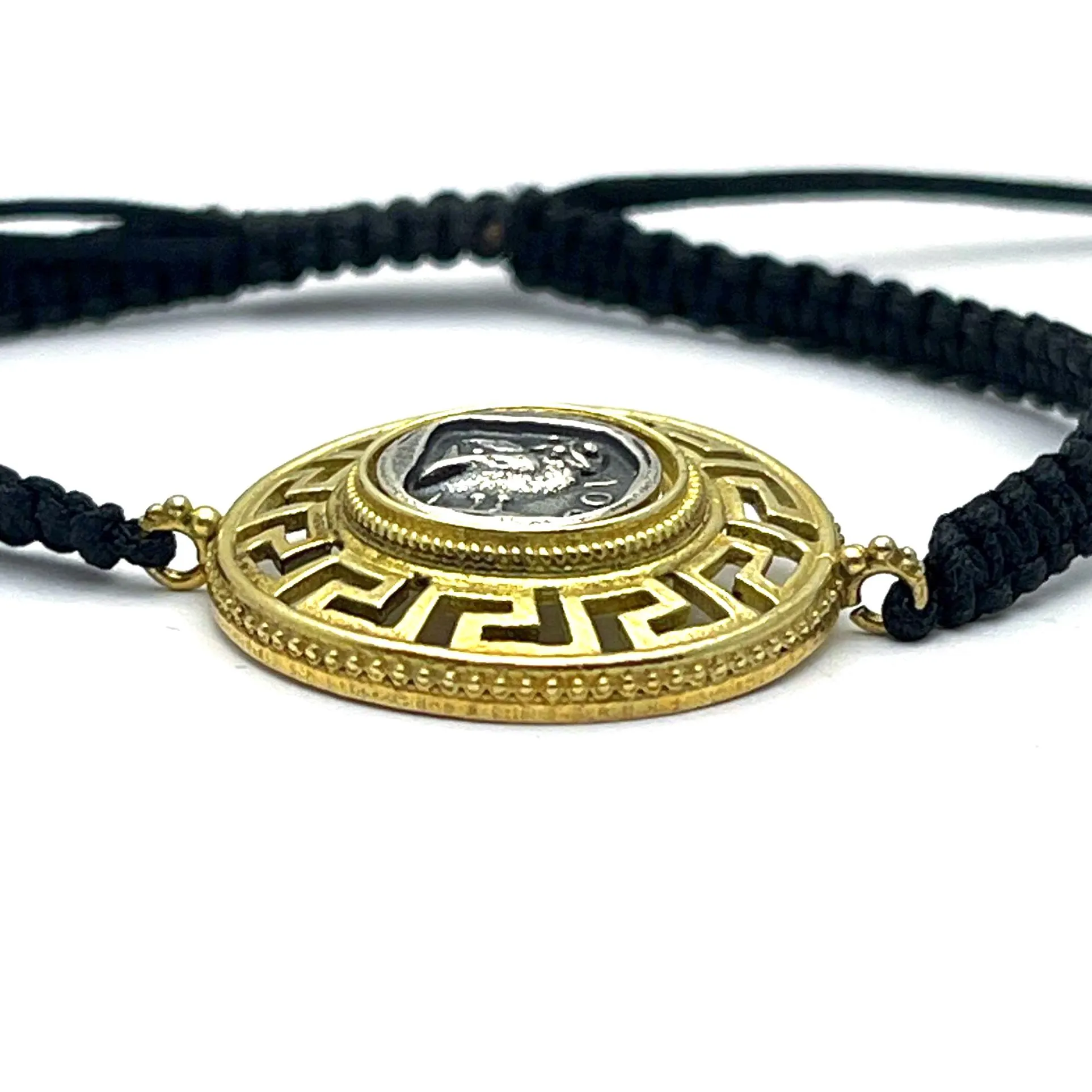 Owl Coin Tetradrachm with Greek Key Macrame Bracelet, 18K Gold Filled & Oxidized Sterling Silver — additional product image 4 from Rafael Santarosa Fine Jewelry