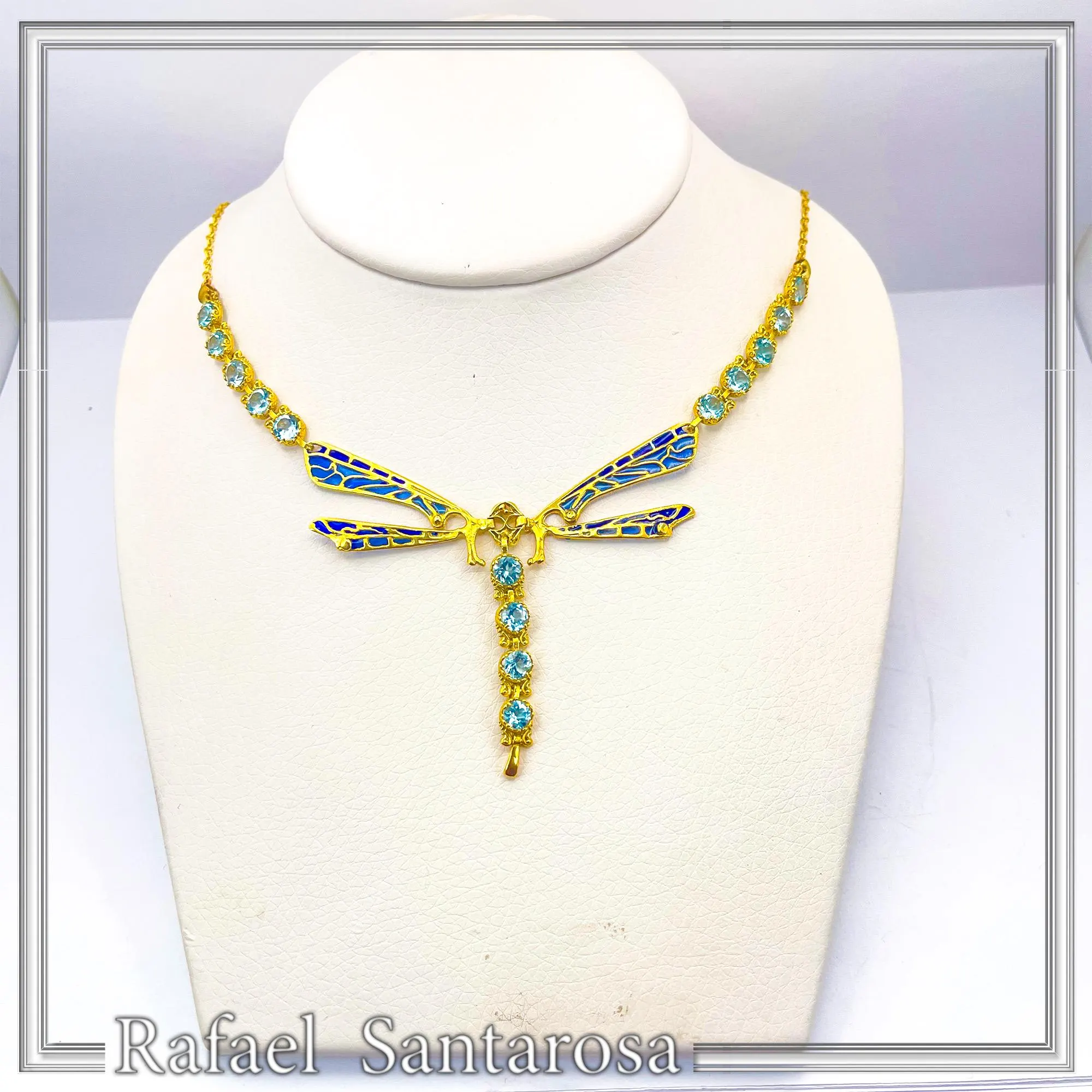 Art Nouveau Dragonfly Necklace Sterling Silver Gold Filled Blue Enamel Sky Blue Topaz