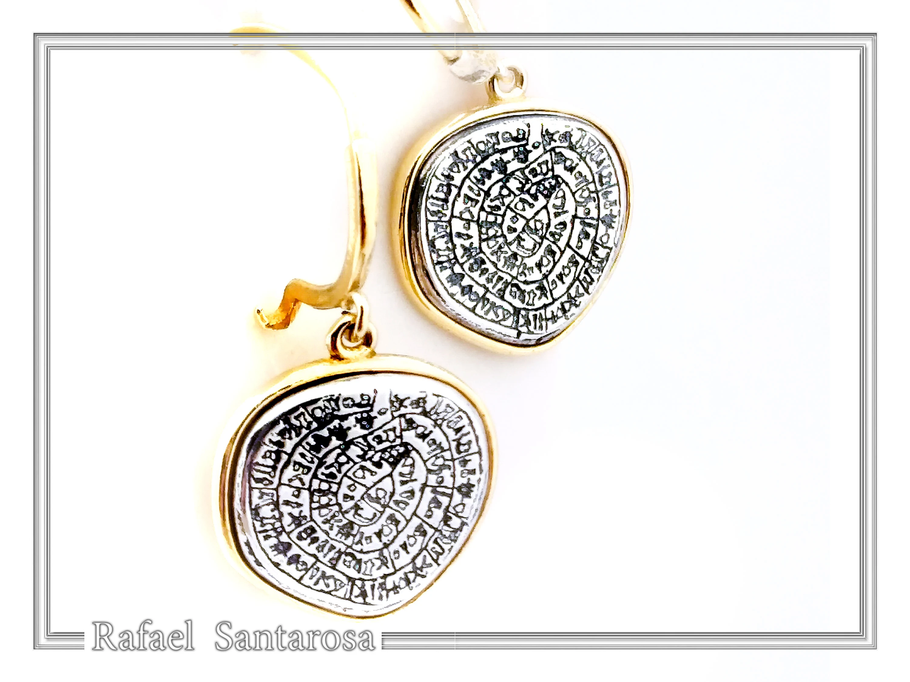 Phaistos Disc Ancient Greek Calendar Earrings: Sterling Silver, 18k Gold Filled, Museum Jewelry — additional product image 5 from Rafael Santarosa Fine Jewelry