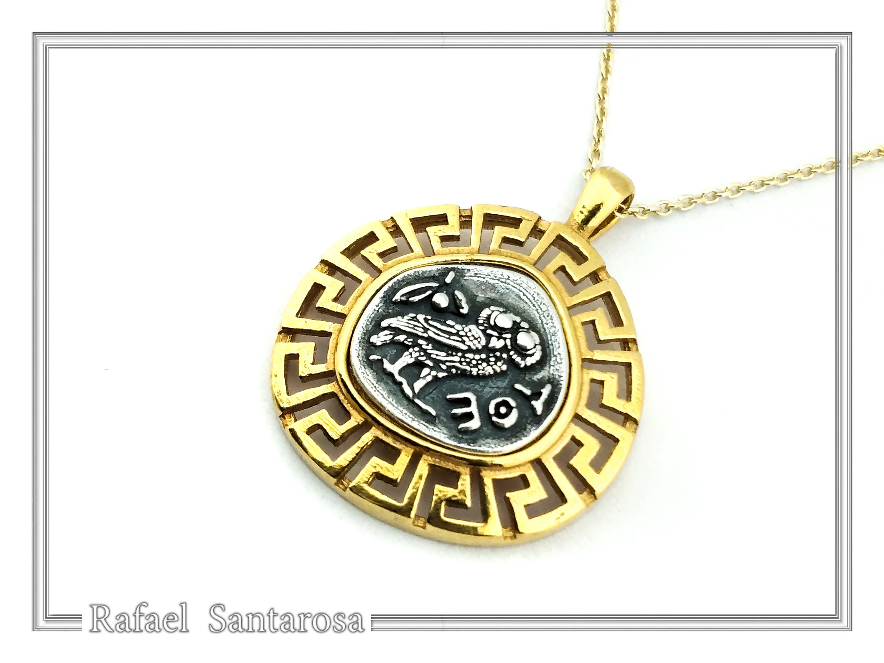 Athena Owl Coin Greek Key Pendant, Museum Jewelry: Oxidized & 18K Gold Filled Sterling Silver — additional product image 5 from Rafael Santarosa Fine Jewelry