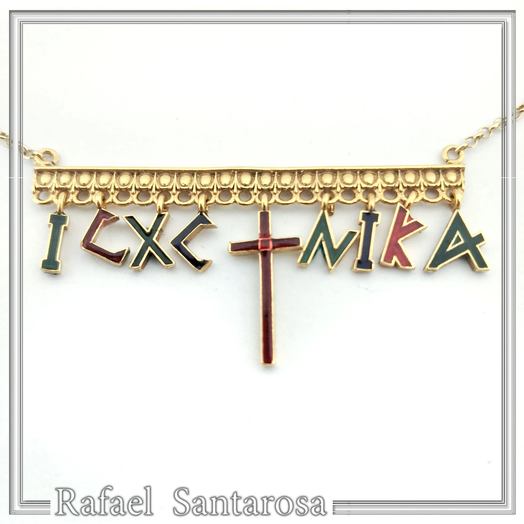IC XC NIKA Dangle Necklace: Handmade Silver Gold Filled and enamel Christogram Talisman — additional product image 2 from Rafael Santarosa Fine Jewelry