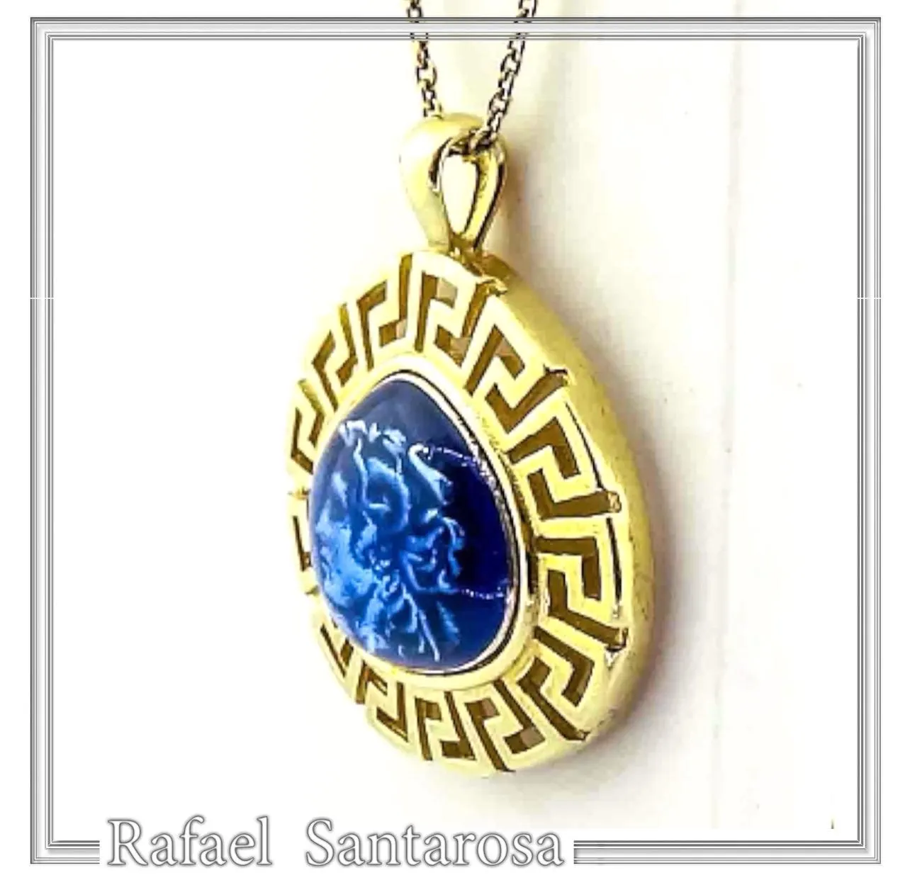 Alexander the Macedon coin silver necklace with Greek key 18k gold filled & sky-blue enamel. — additional product image 2 from Rafael Santarosa Fine Jewelry