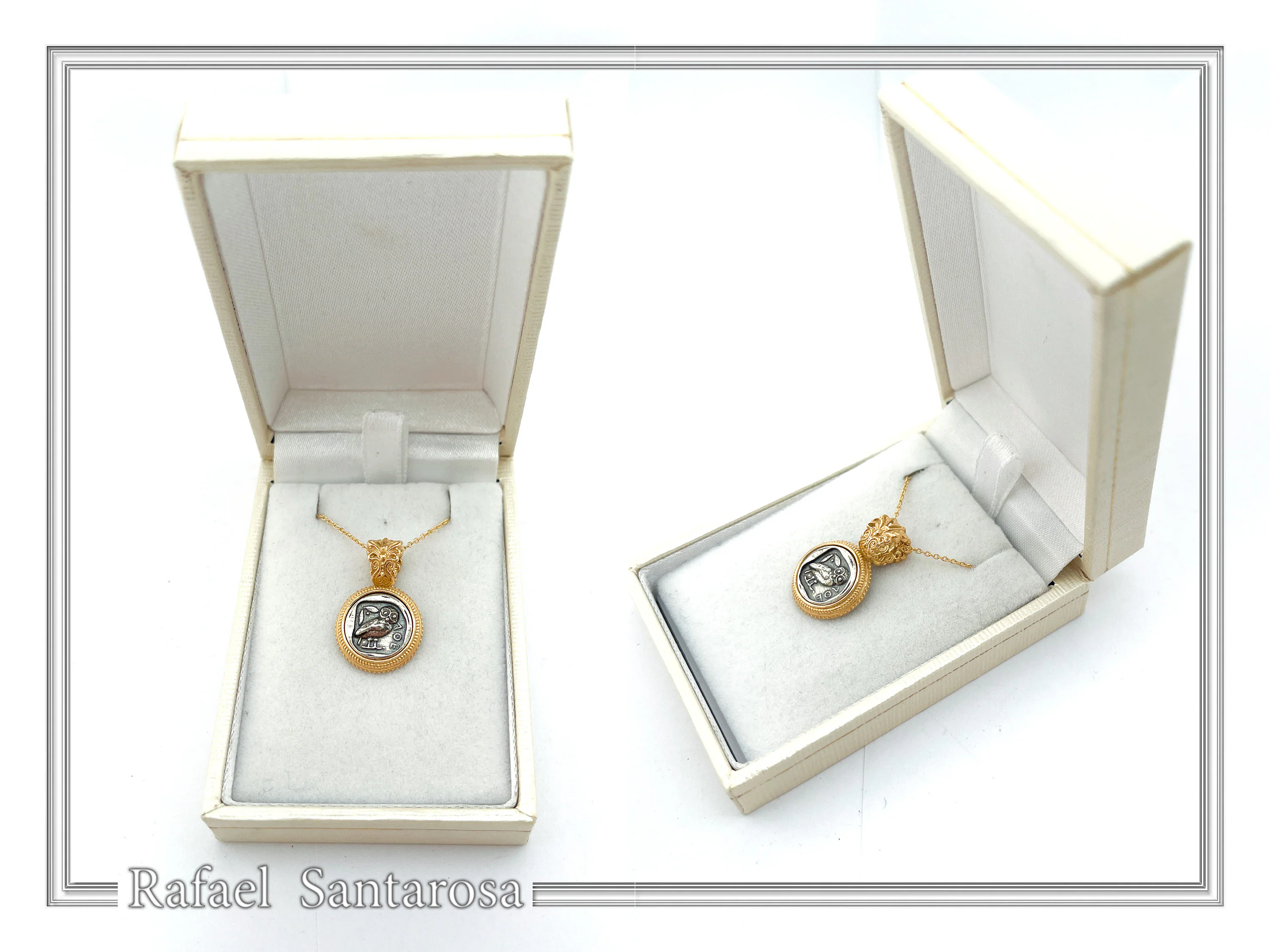Athena Owl Tetradrachm Coin Antefix Pendant: Sterling Silver oxidised on 18K Gold-Filled Filigree Base — additional product image 9 from Rafael Santarosa Fine Jewelry