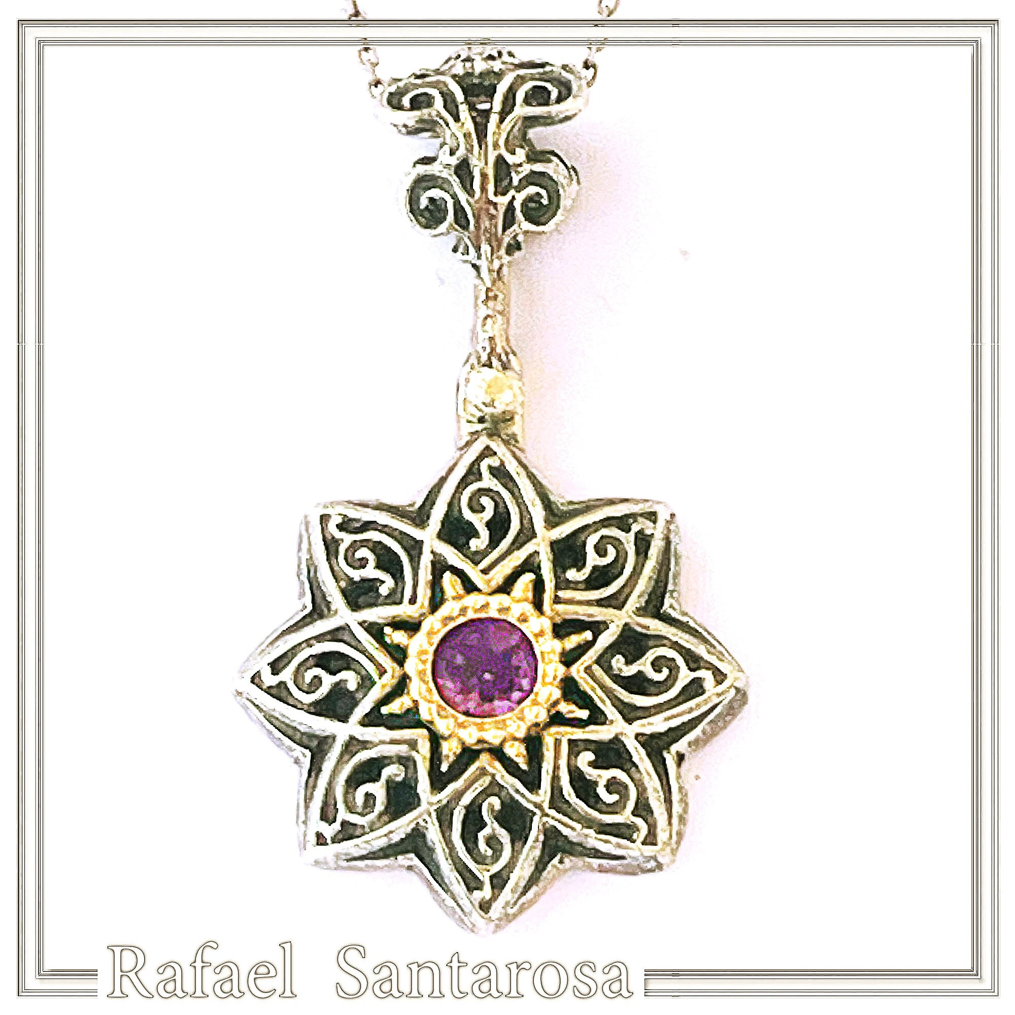 Byzantine Amethyst Filigree Detail Necklace: Oxidised and 18K Gold Filled Sterling Silver