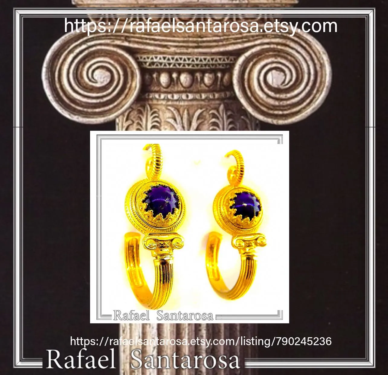 Genuine Lapis Lazuli Greek Column Hoop Earrings: 18K Gold-Filled Sterling Silver, Museum Jewelry — additional product image 10 from Rafael Santarosa Fine Jewelry