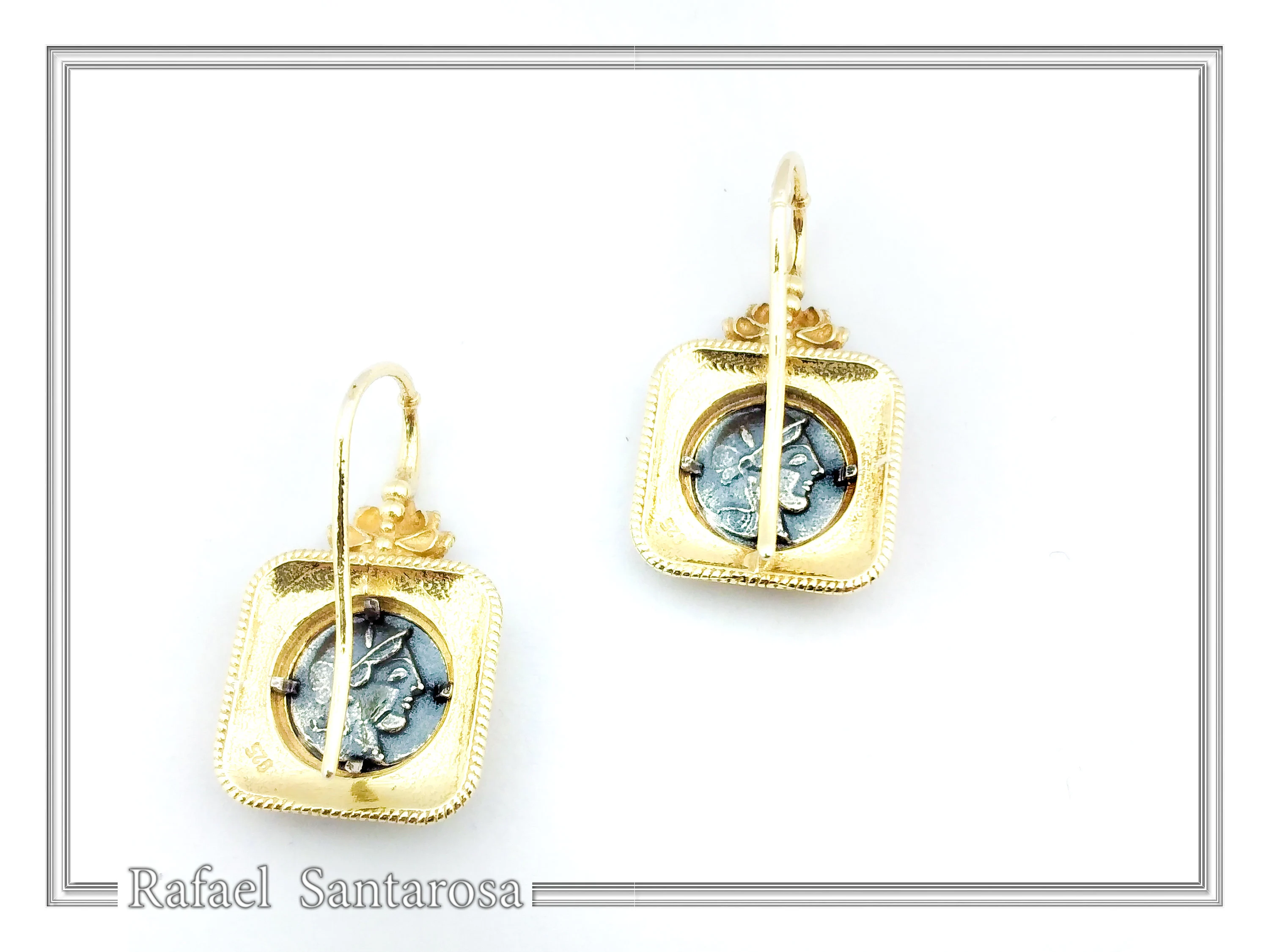 Athena Owl Coin Greek Museum Earrings: 18K Gold Filled Filigree and Oxidised Sterling Silver — additional product image 8 from Rafael Santarosa Fine Jewelry