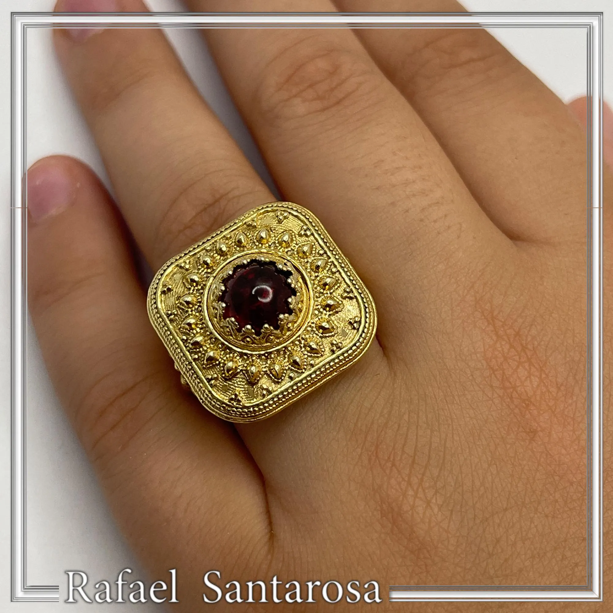 Byzantine Natural Garnet Statement Ring: 18K Gold Filled Granulation Filigree Sterling Silver — additional product image 2 from Rafael Santarosa Fine Jewelry