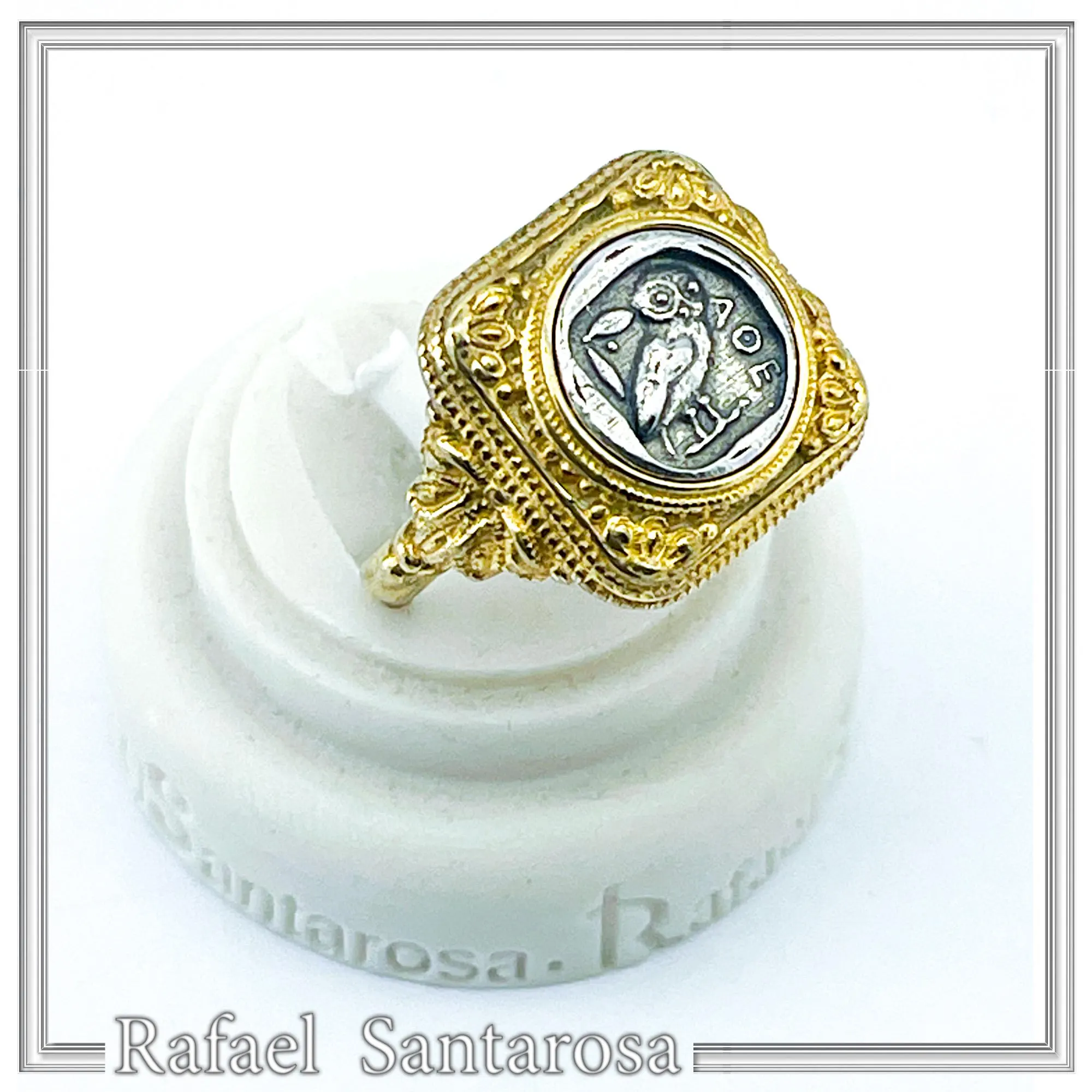 Tetradrachm Owl Coin Filigree Ring: Oxidized Silver Coin on 18K Gold Filled, Museum Replicas — additional product image 3 from Rafael Santarosa Fine Jewelry