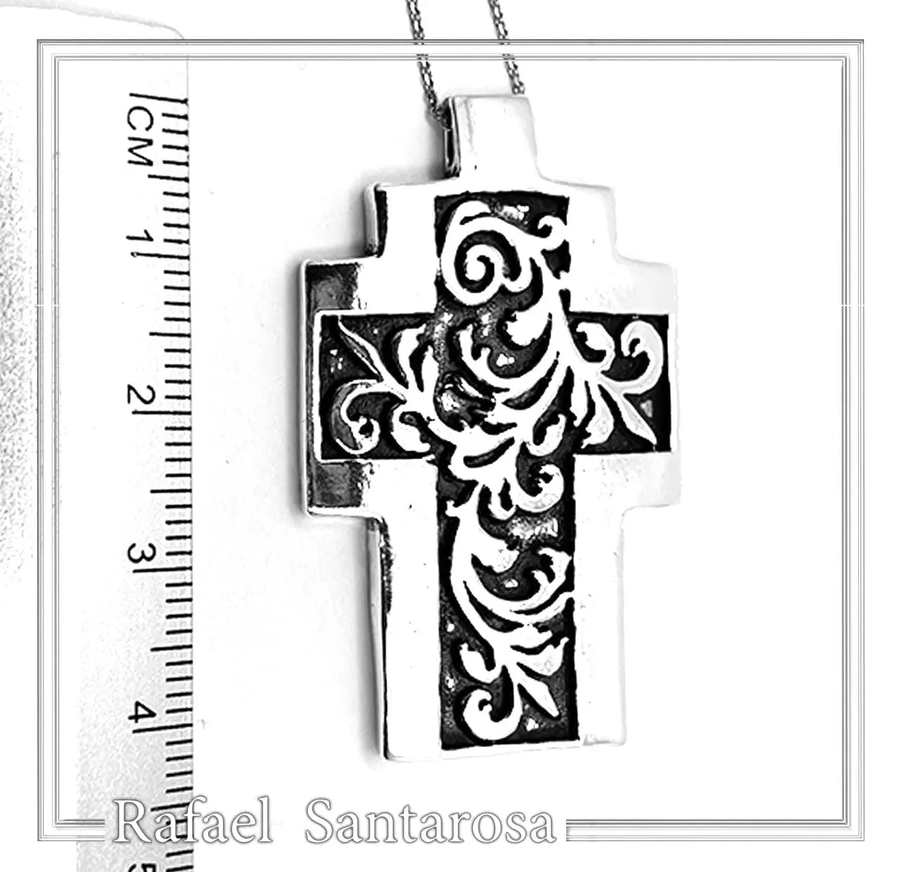 Boho Cross Necklace: Brutalist Floral Oxidized Sterling Silver Pendant — additional product image 7 from Rafael Santarosa Fine Jewelry