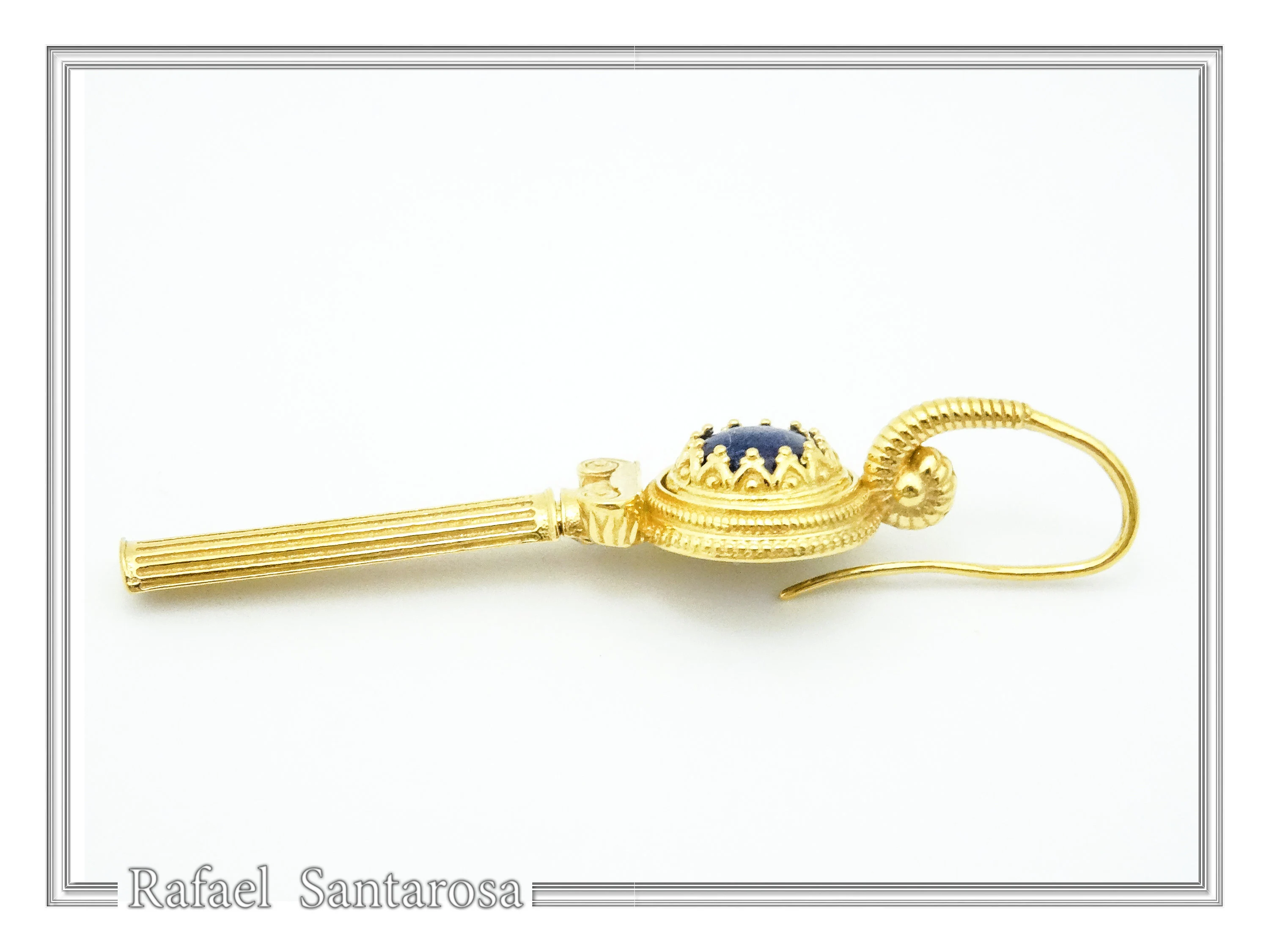 Natural Lapis Lazuli Greek Column Museum Earrings: Sterling Silver 18K Gold Filled Filigree Bezel — additional product image 4 from Rafael Santarosa Fine Jewelry