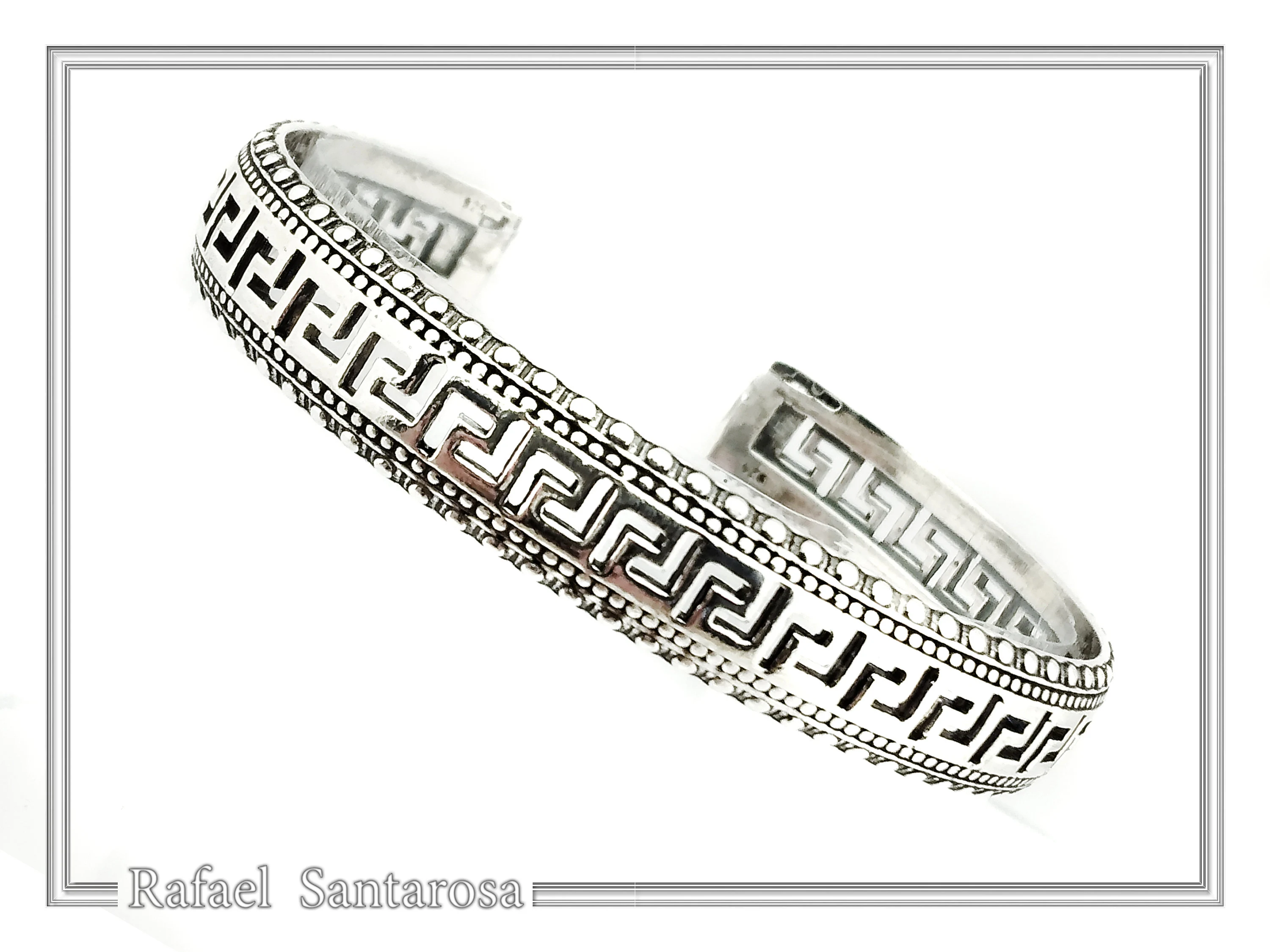 Greek Key Meander Oxidized Sterling Silver Cuff Bracelet, Museum Inspired Unisex Adjustable Jewelry — additional product image 4 from Rafael Santarosa Fine Jewelry