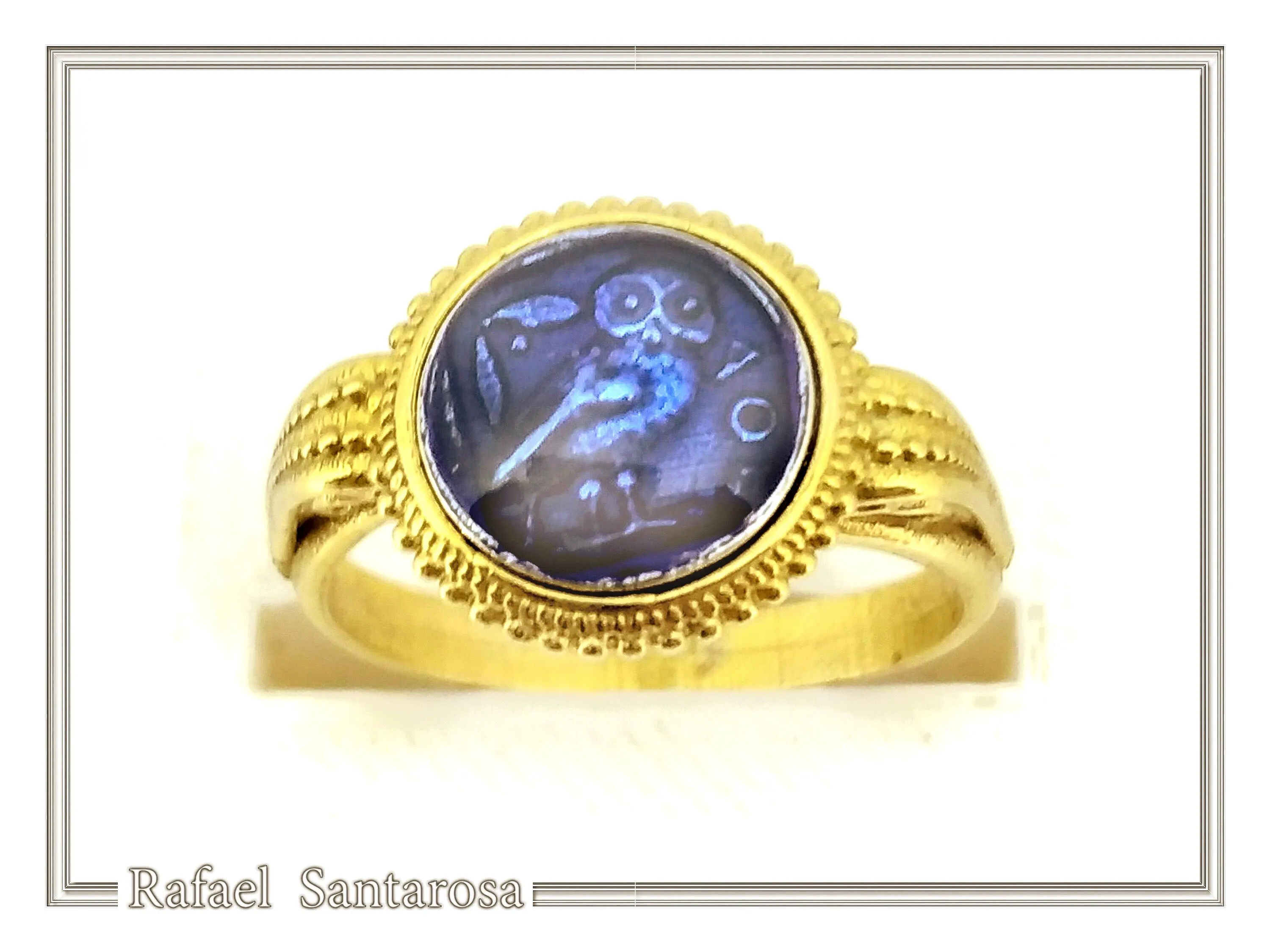 Athena Owl Coin Tetradrachm Ring: Blue Transparent Enamel on 18K Gold-Filled Filigree Sterling Silver — additional product image 3 from Rafael Santarosa Fine Jewelry