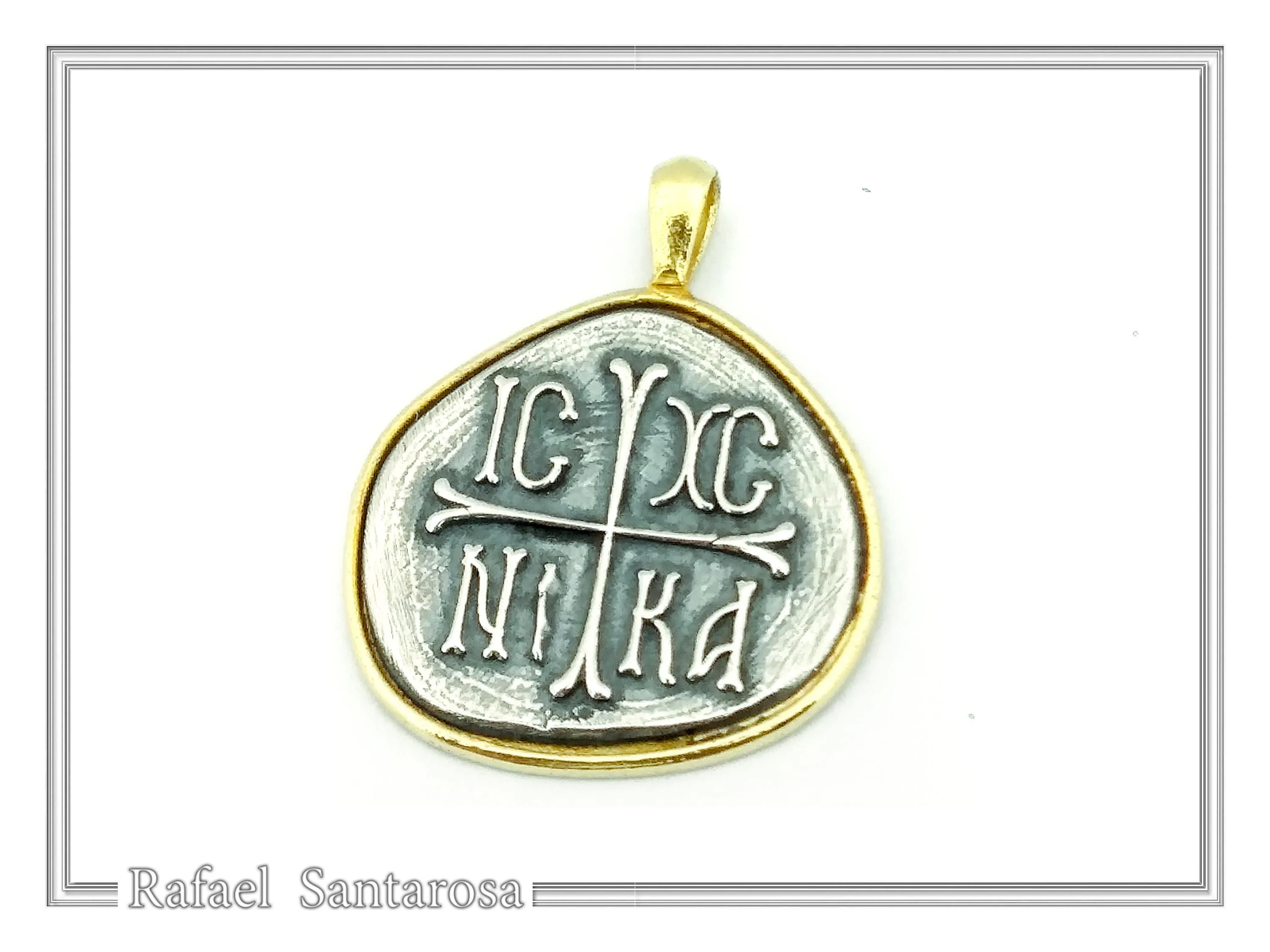 Protection Cross Pendant ICXC NIKA: Oxidized Silver Constantinato Coin on 18k Solid Gold Charm — additional product image 3 from Rafael Santarosa Fine Jewelry
