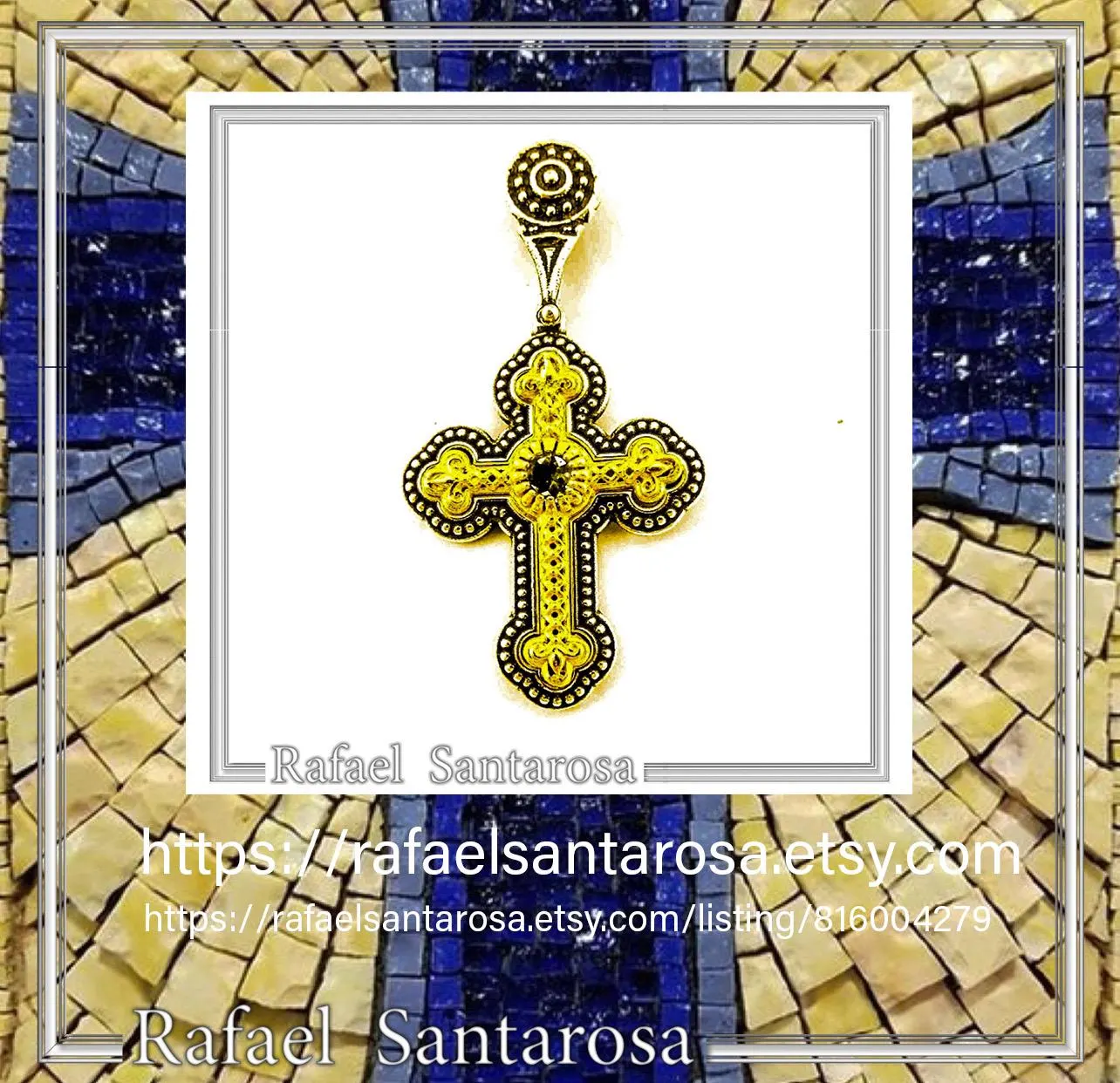 Genuine Sky-Blue Topaz Byzantine Filigree Cross Necklace: Silver oxidised & 18K Gold filled — additional product image 10 from Rafael Santarosa Fine Jewelry