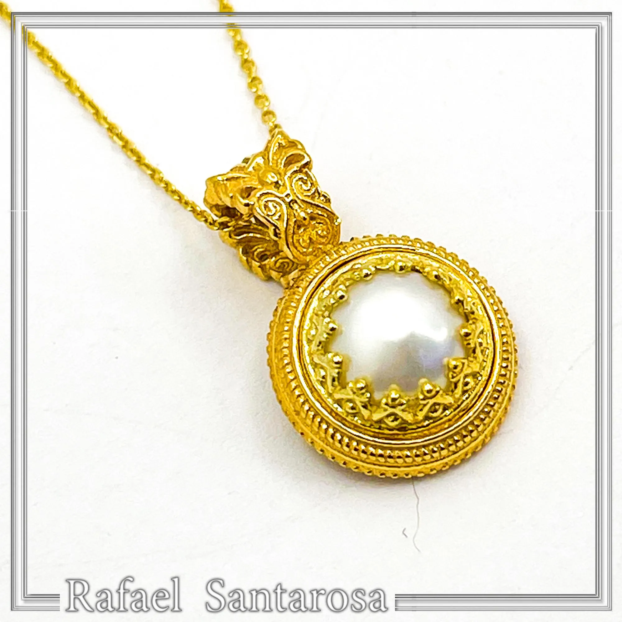 Natural Pearl Necklace: Ancient Greek style Filigree 18K Gold-Filled Pendant — additional product image 9 from Rafael Santarosa Fine Jewelry