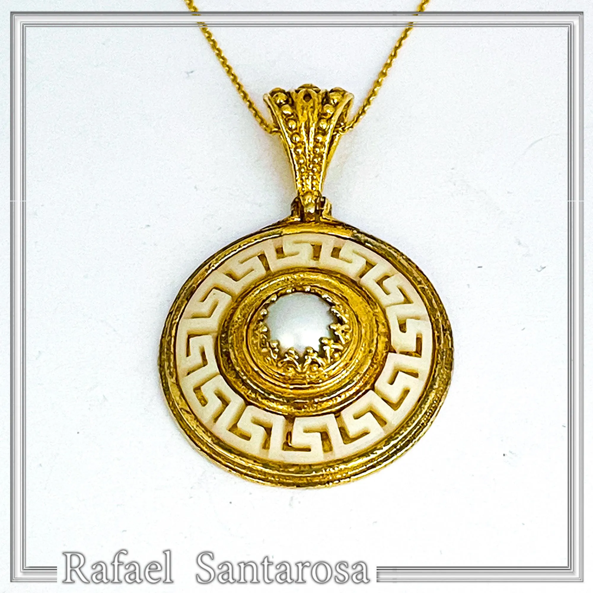 Greek Key Maiandros Sculptured on Marble Necklace: Sterling Silver 18K Gold Filled, Natural Pearl — additional product image 5 from Rafael Santarosa Fine Jewelry