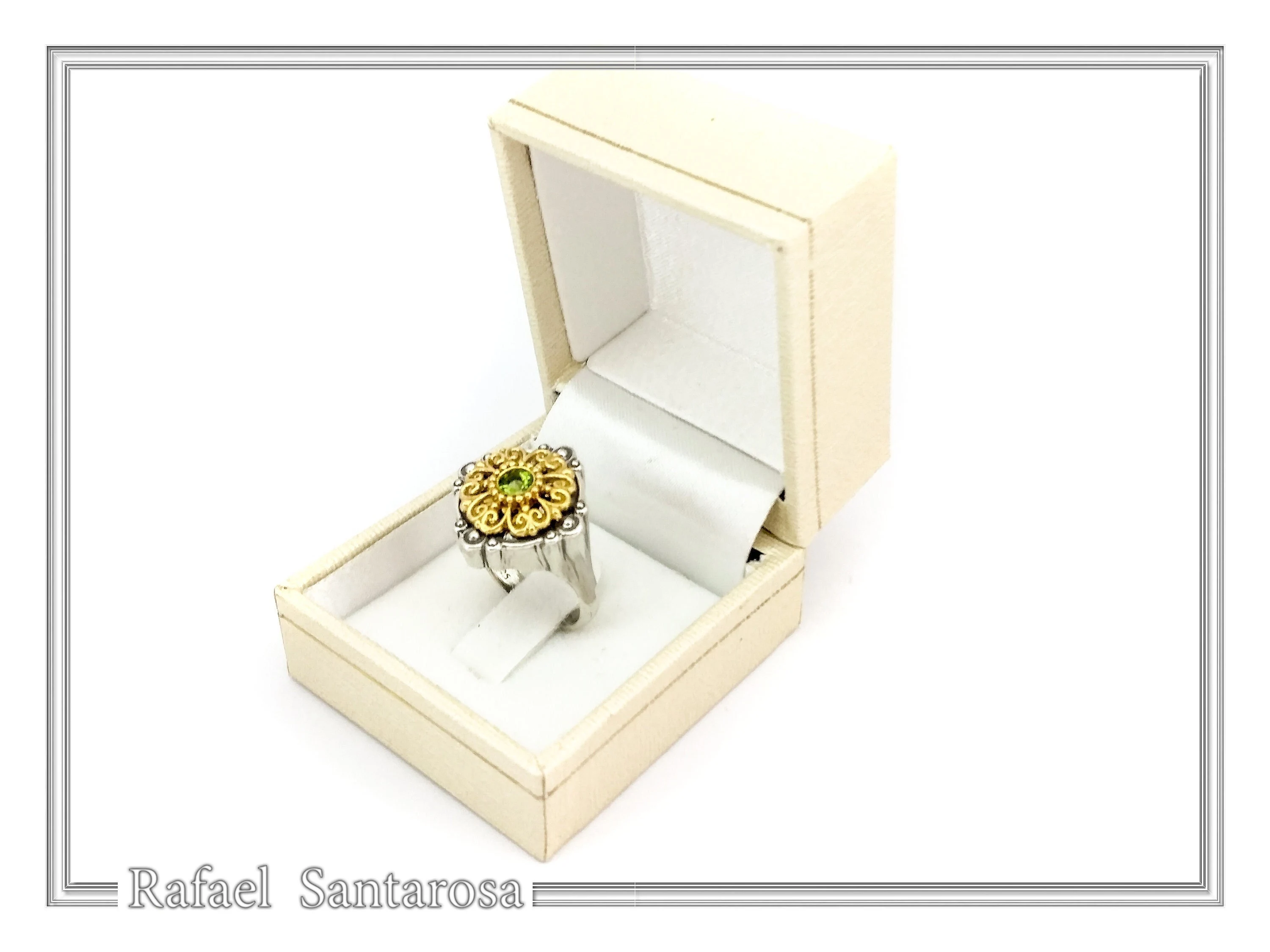 Natural Peridot Byzantine Ring: Oxidised and Gold-Filled Filigree Sterling Silver Statement Ring — additional product image 9 from Rafael Santarosa Fine Jewelry