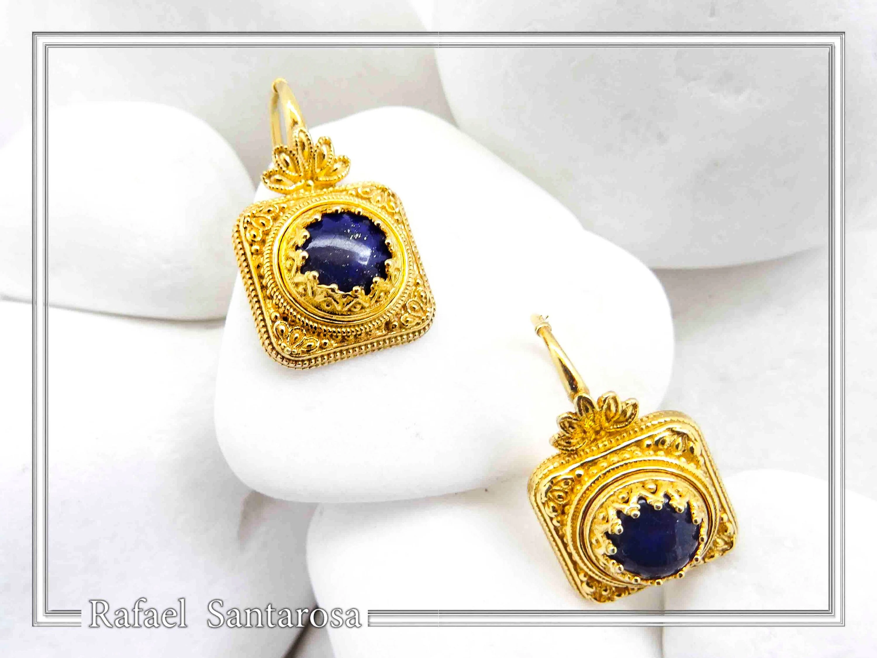 Genuine Lapis Lazuli Ancient Greek Style Earrings: 18K Gold-Filled Sterling Silver, Museum Jewelry — additional product image 2 from Rafael Santarosa Fine Jewelry
