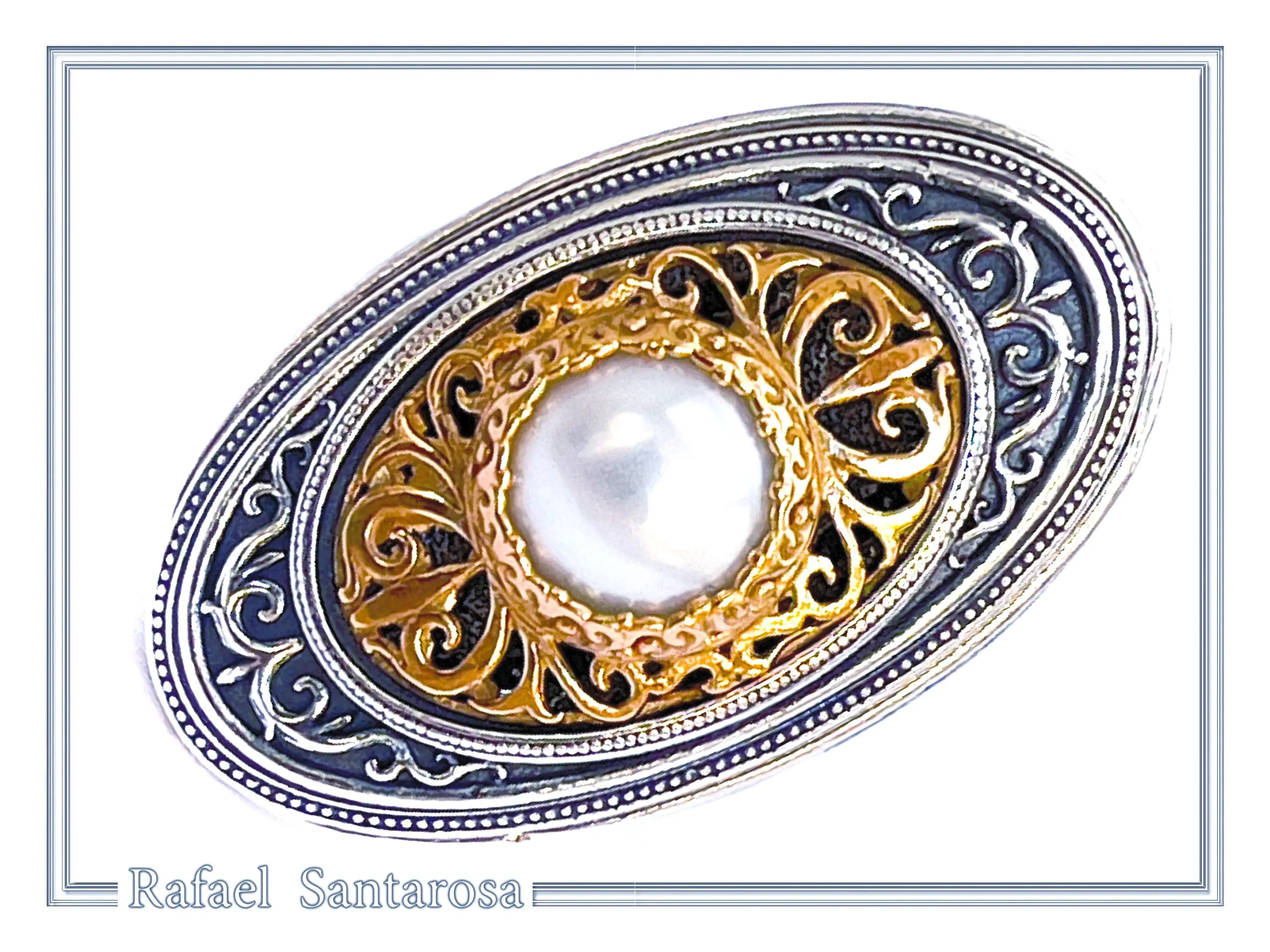 Byzantine Floral Queen Size Natural Pearl Ring: Oxidized Sterling Silver and 18K Gold Filled — additional product image 4 from Rafael Santarosa Fine Jewelry
