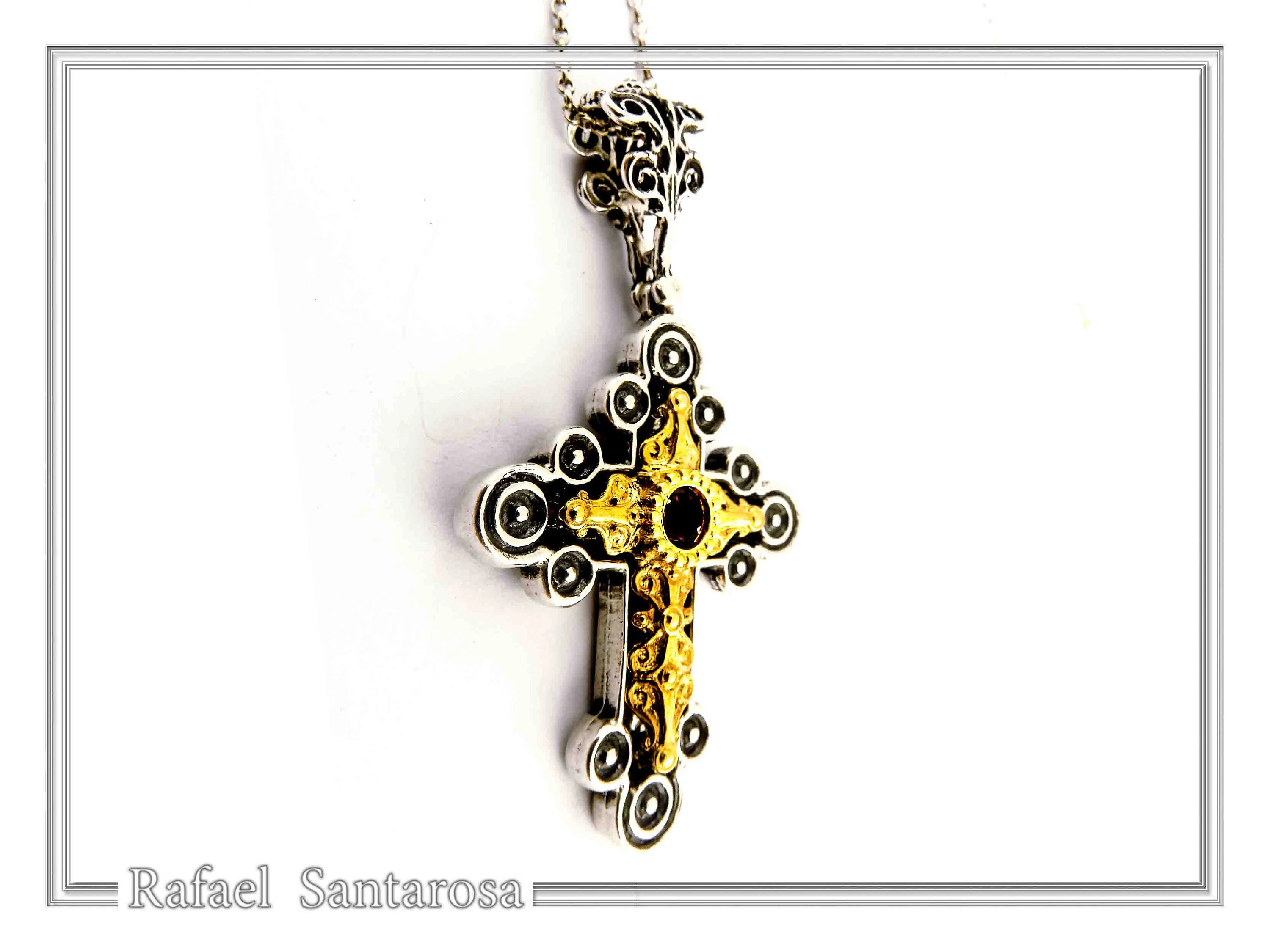 Byzantine Religious Cross Pendant Sterling Silver Oxidised 18k Gold Filled Garnet Necklace — additional product image 7 from Rafael Santarosa Fine Jewelry