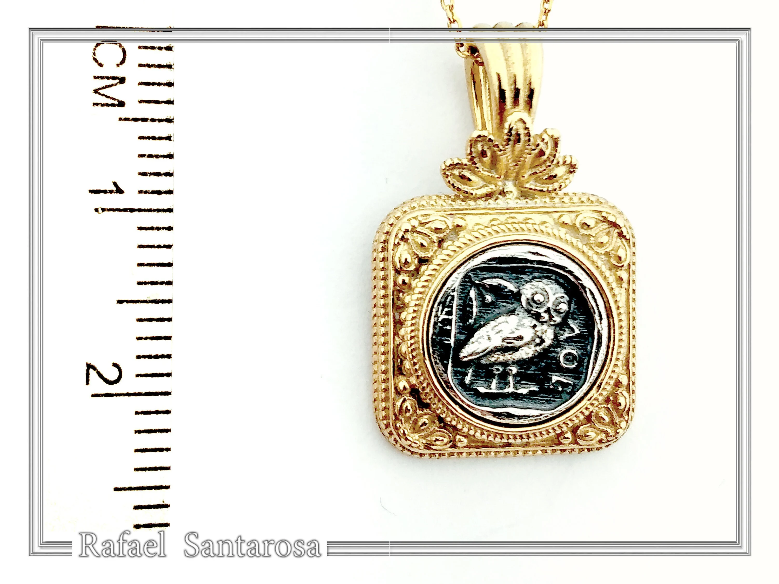Athena Owl Tetradrachm Coin Ancient Greek Style Necklace: Oxidized Sterling Silver & 18K Gold filled — additional product image 8 from Rafael Santarosa Fine Jewelry