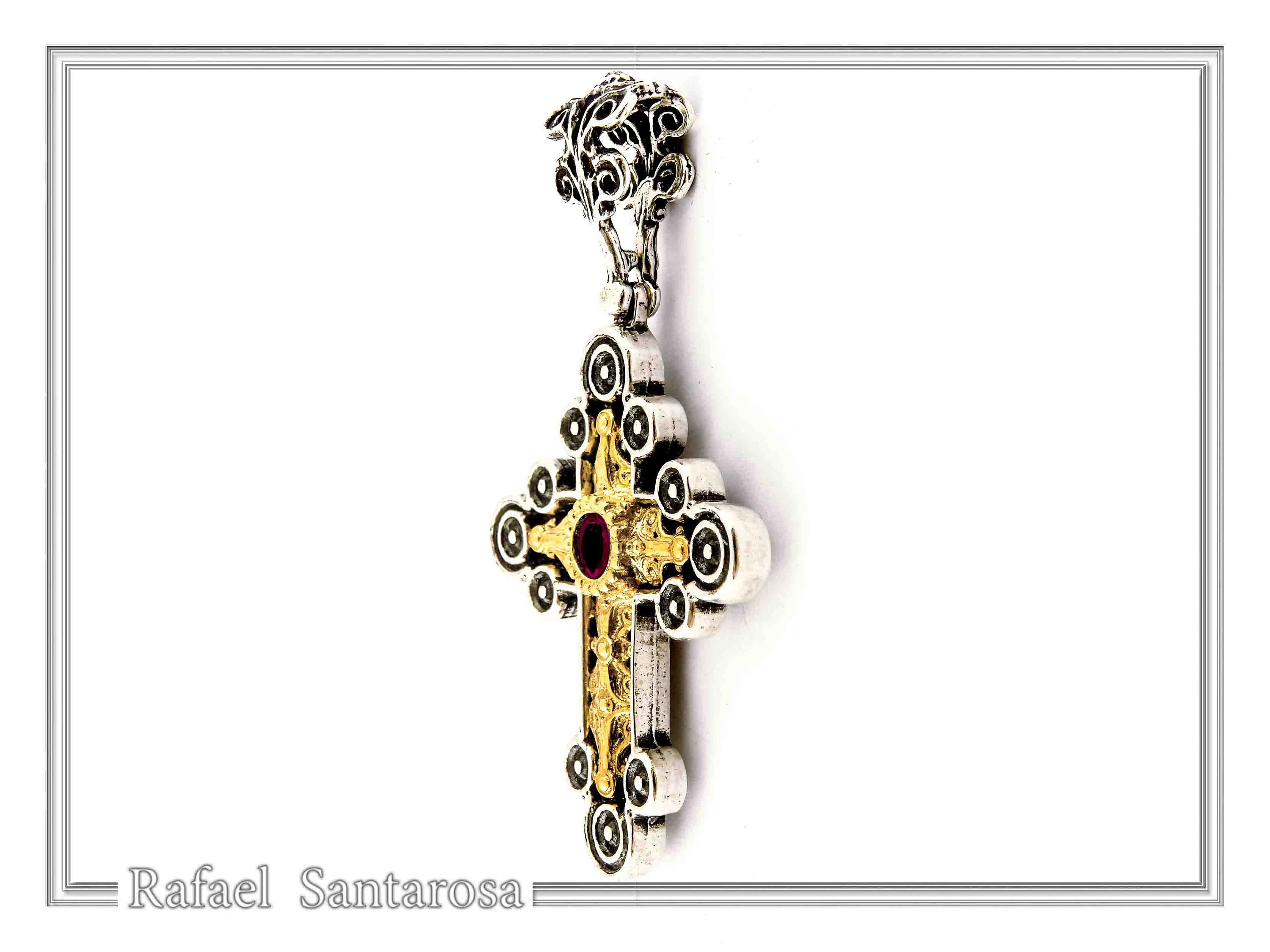 Byzantine Religious Cross Pendant Sterling Silver Oxidised 18k Gold Filled Garnet Necklace — additional product image 8 from Rafael Santarosa Fine Jewelry