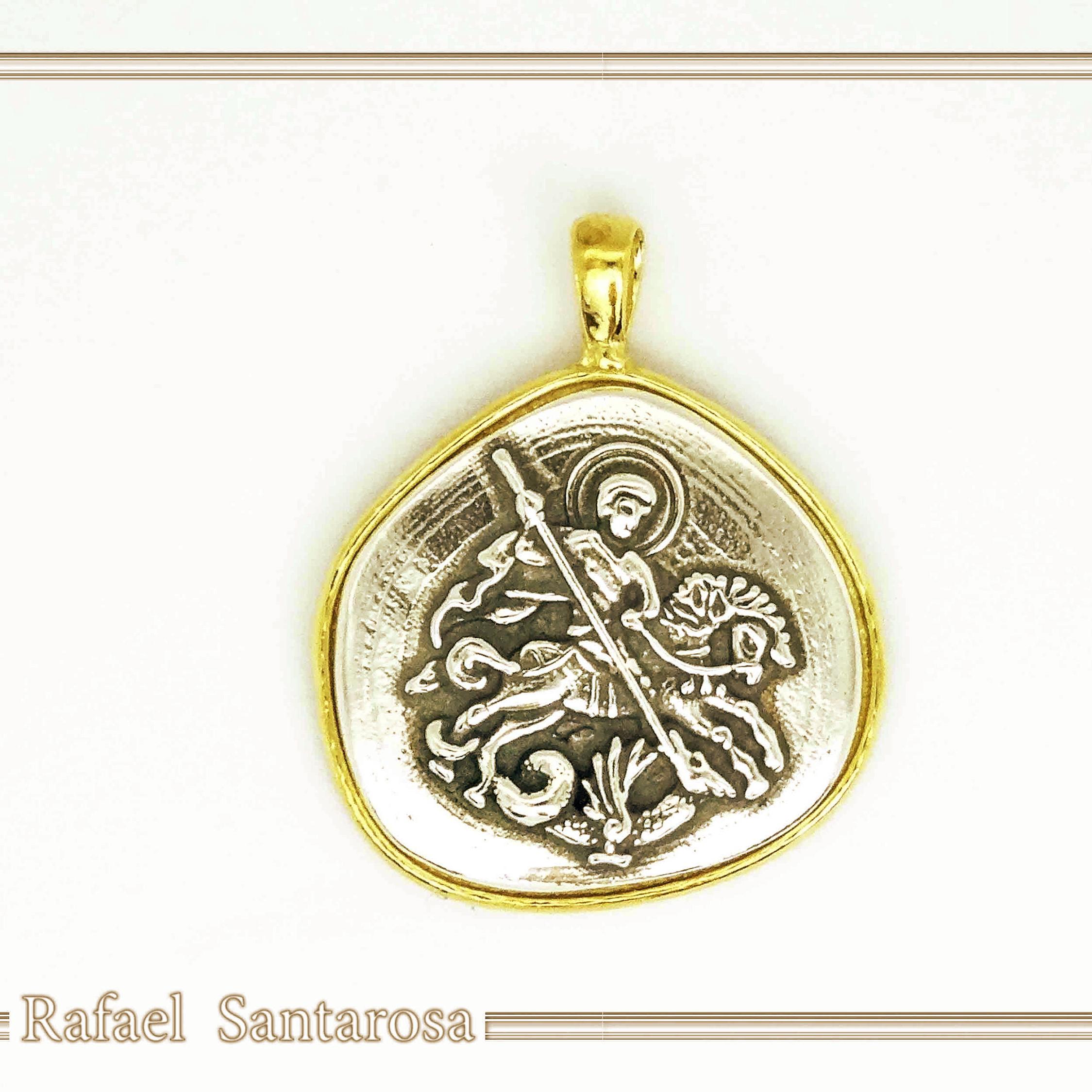 St George Killing Dragon Necklace Byzantine Talisman: Sterling Silver Oxidised & 18K Gold-Filled — additional product image 3 from Rafael Santarosa Fine Jewelry