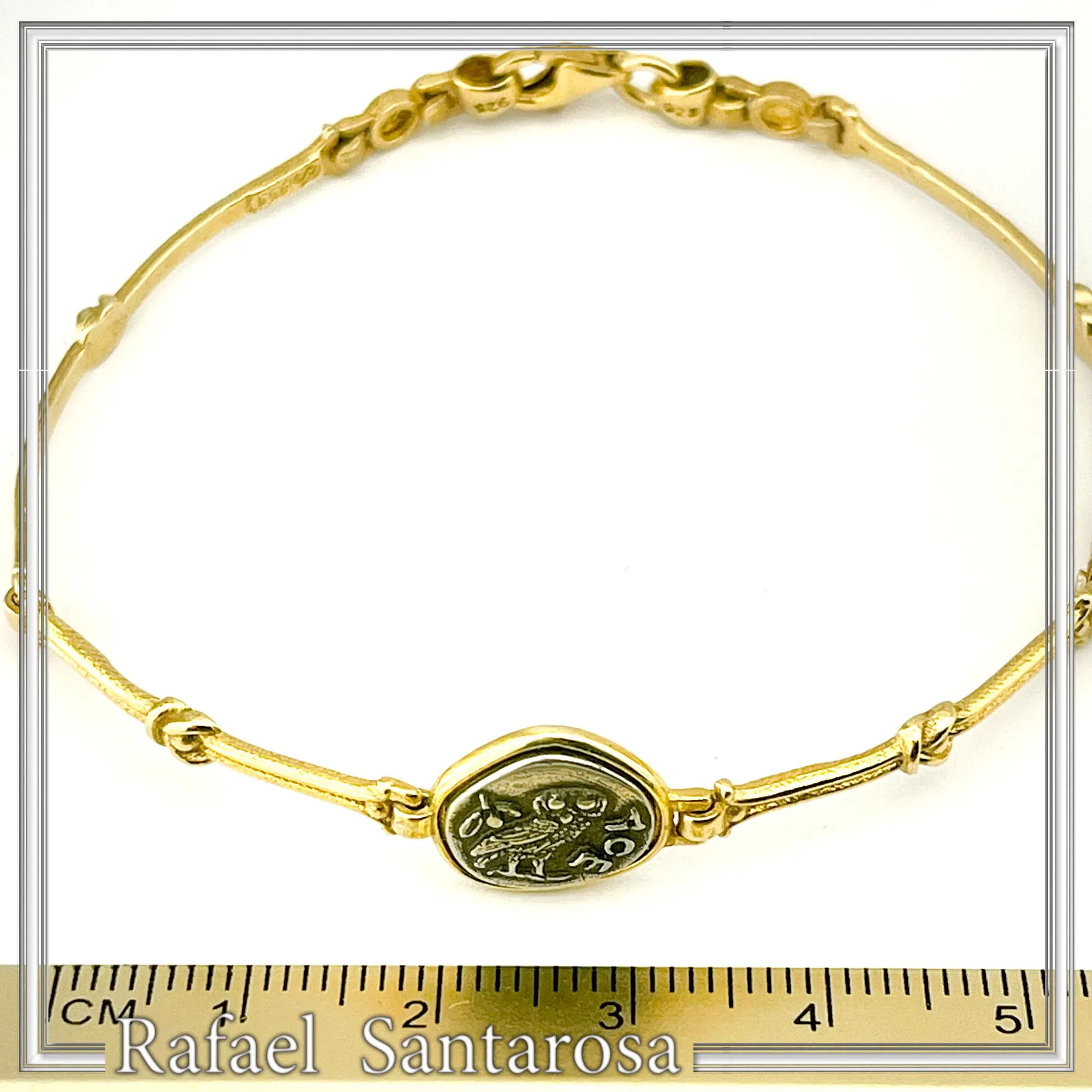 Athena Goddess Wisdom Owl Coin Bracelet: Oxidized & 18K Gold Filled Sterling Silver — additional product image 7 from Rafael Santarosa Fine Jewelry