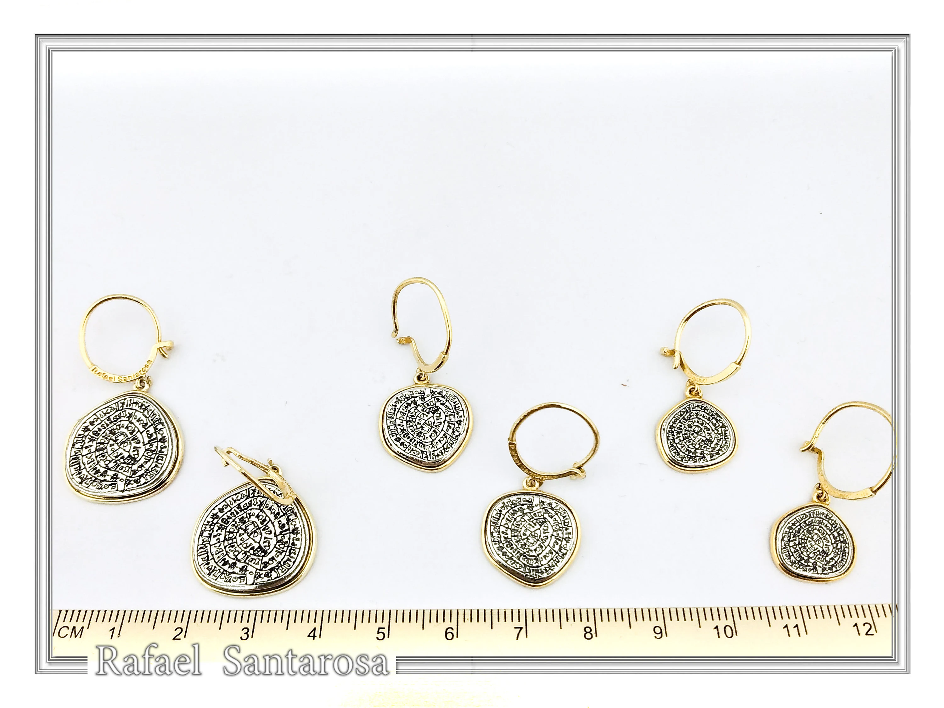 Phaistos Disc Ancient Greek Calendar Earrings: Sterling Silver, 18k Gold Filled, Museum Jewelry — additional product image 7 from Rafael Santarosa Fine Jewelry