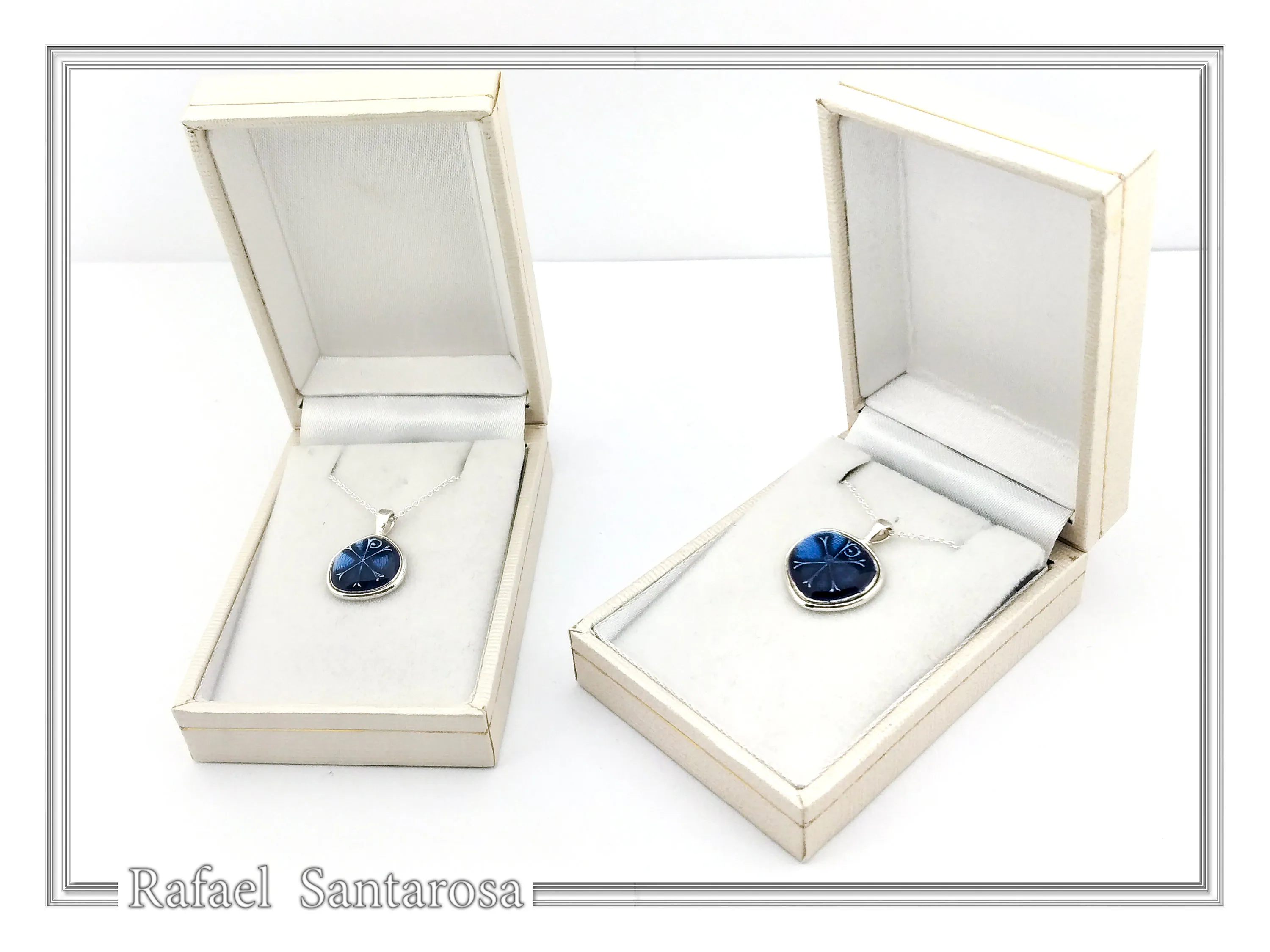 Chi Ro Christian Talisman Pendant: Sky Blue Enamel on Oxidized Sterling Silver Constantinato — additional product image 9 from Rafael Santarosa Fine Jewelry