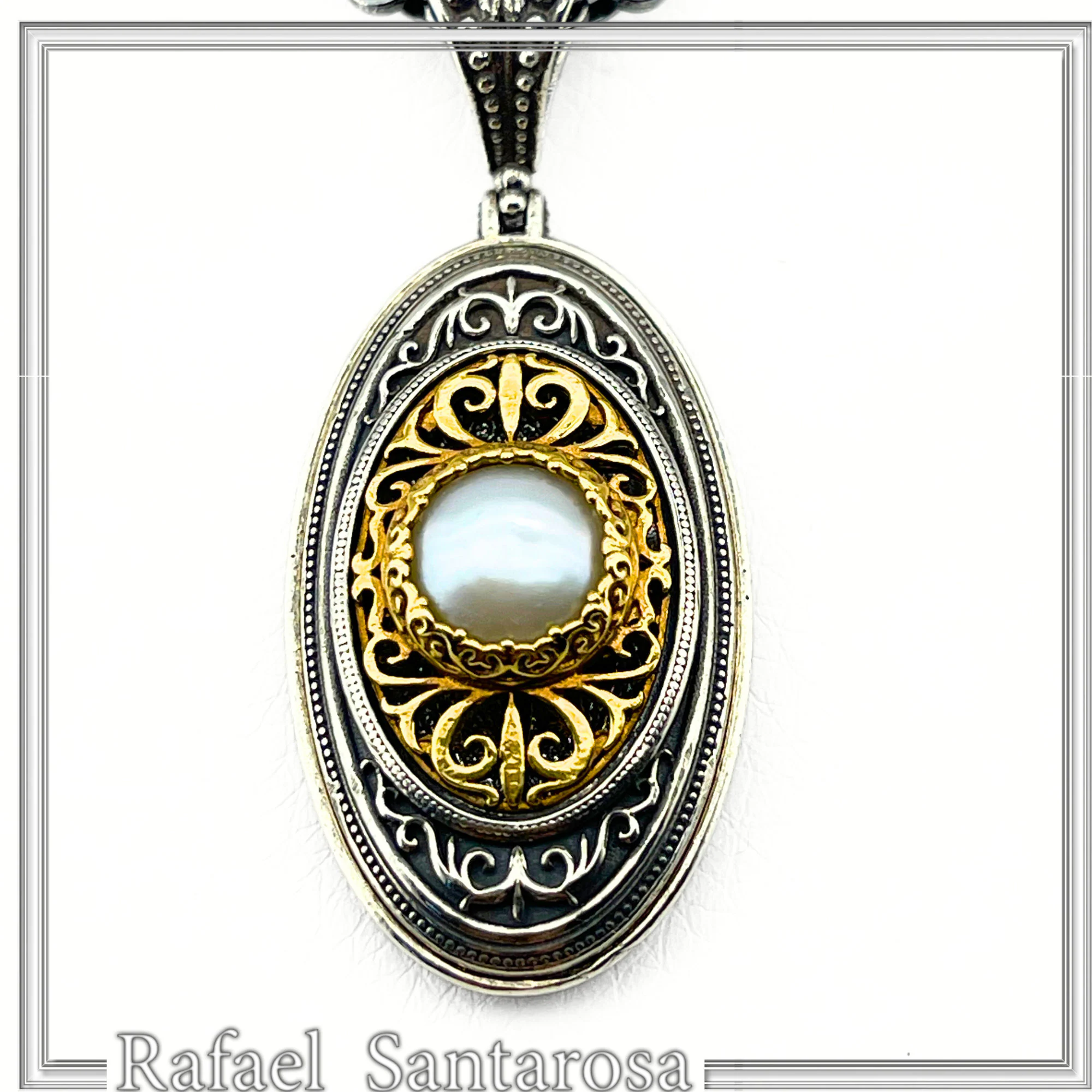 Natural Pearl on Byzantine Ornaments Pendant: Oxidized Sterling Silver and 18 Karat Gold Filled — additional product image 8 from Rafael Santarosa Fine Jewelry